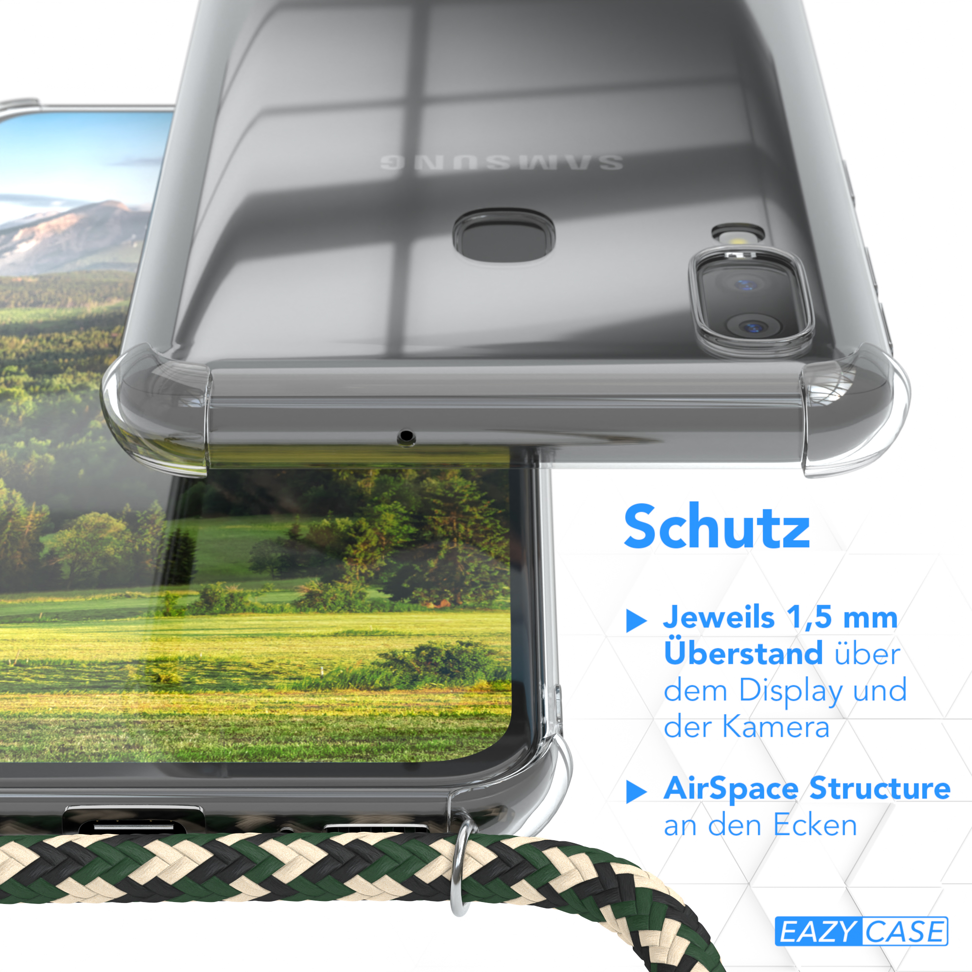 Transparente Handyhülle, Kamera und Ecken zeigend. Schutzdesign mit deutschem Text.