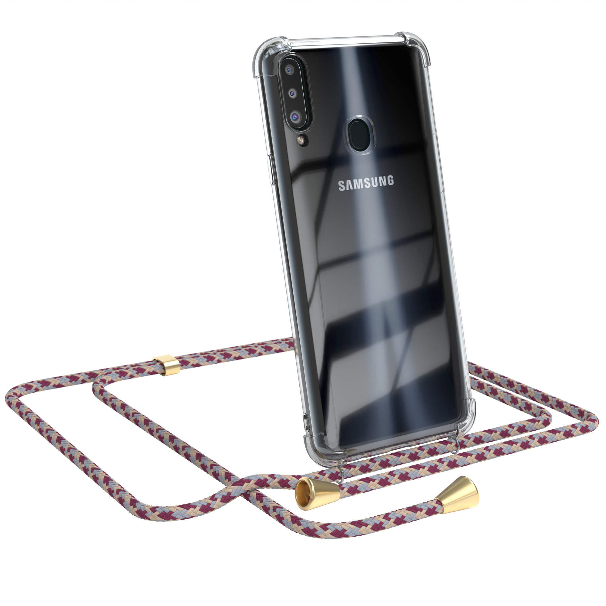 Ein Telefon in einer transparenten Hülle mit rot-weißem Riemen. Das Telefon lehnt sich. Samsung-Logo sichtbar.