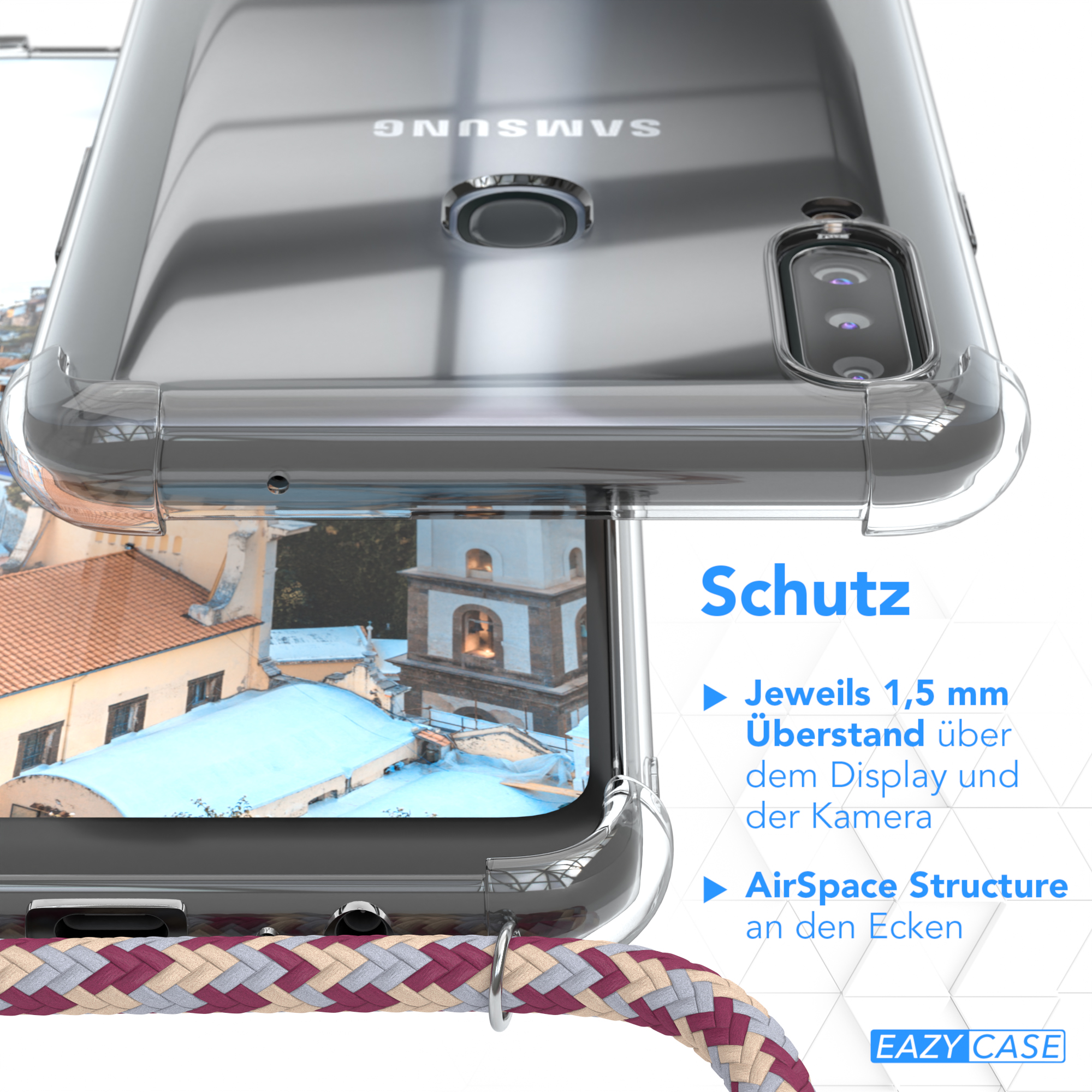 Nahaufnahme eines Telefons in einer transparenten Hülle. Schutzmerkmale sind blau hervorgehoben.