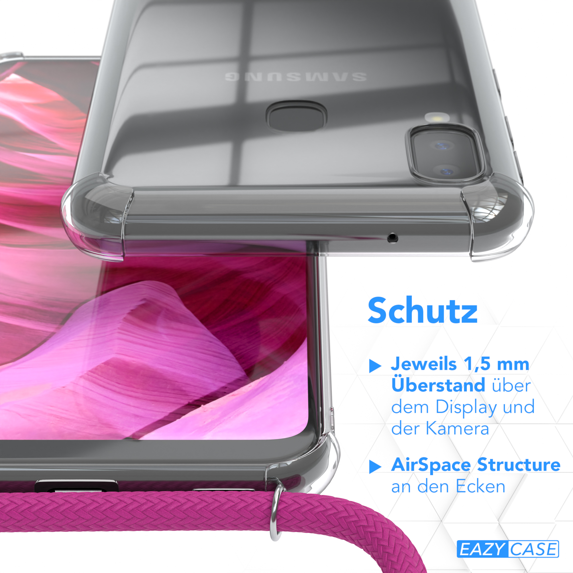 Transparente Handyhülle über einem Telefon. Der Hintergrund hat ein rosa Blumenfeld. Text: Schutz, AirSpace.