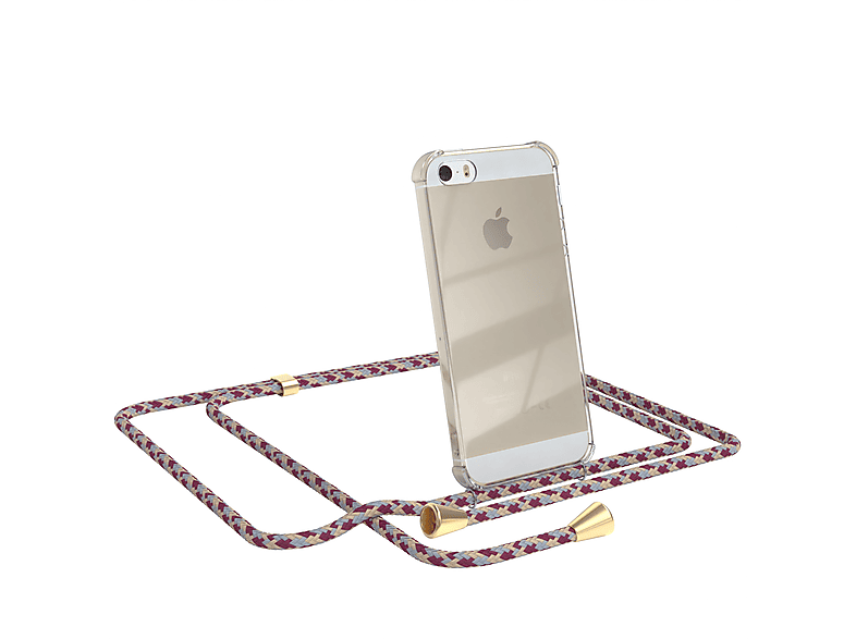 EAZY CASE Clear Cover mit Umhängeband, Umhängetasche, Apple, iPhone SE 2016, iPhone 5 / 5S, Rot Beige Camouflage / Clips Gold