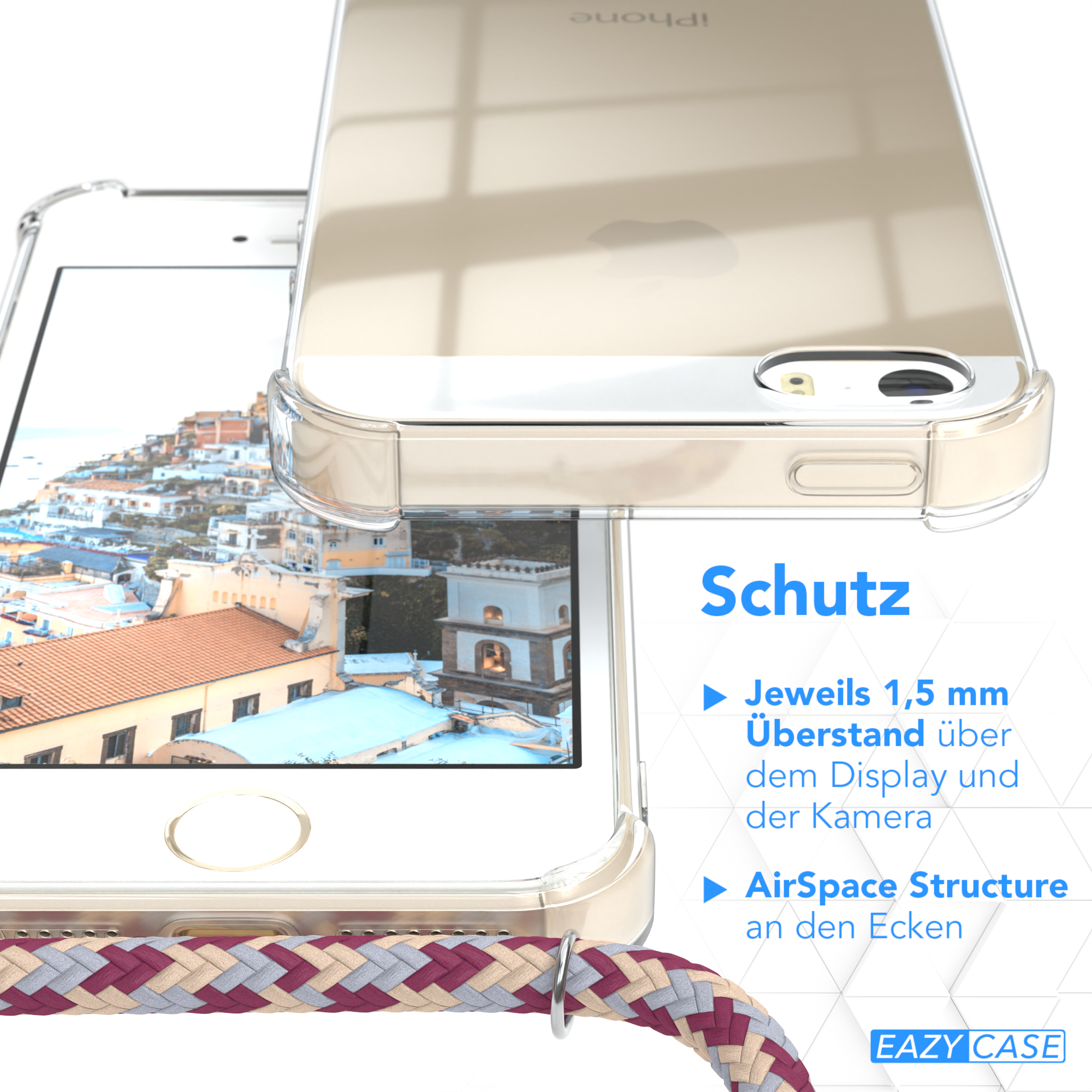 Transparente Handyhülle auf einem Telefon mit Kordel. Text auf Deutsch.