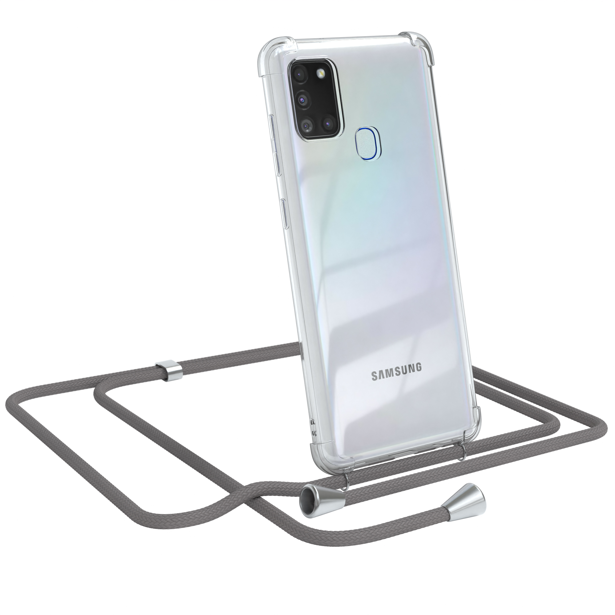 Transparente Handyhülle mit grauem Band. Samsung-Handy ist darin. Weißer Hintergrund.