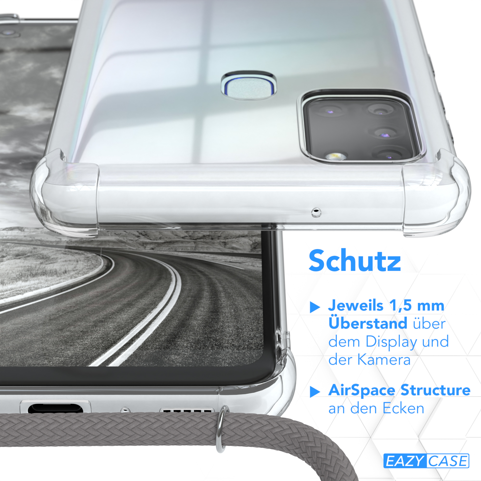 Eine transparente Handyhülle mit einem grauen Seil. Text auf dem Bild beschreibt die Schutzfunktionen.