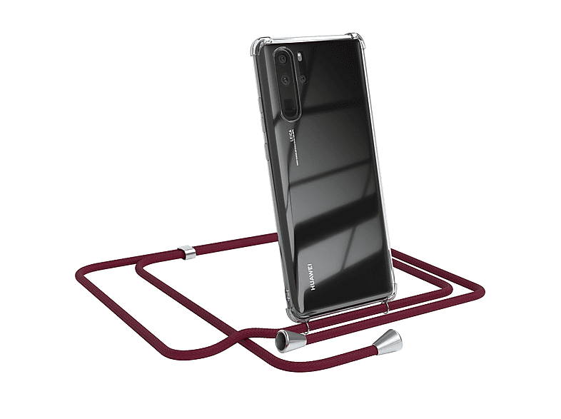 EAZY CASE Clear Cover mit Umhängeband, Umhängetasche, Huawei, P30 Pro, Bordeaux Rot / Clips Silber