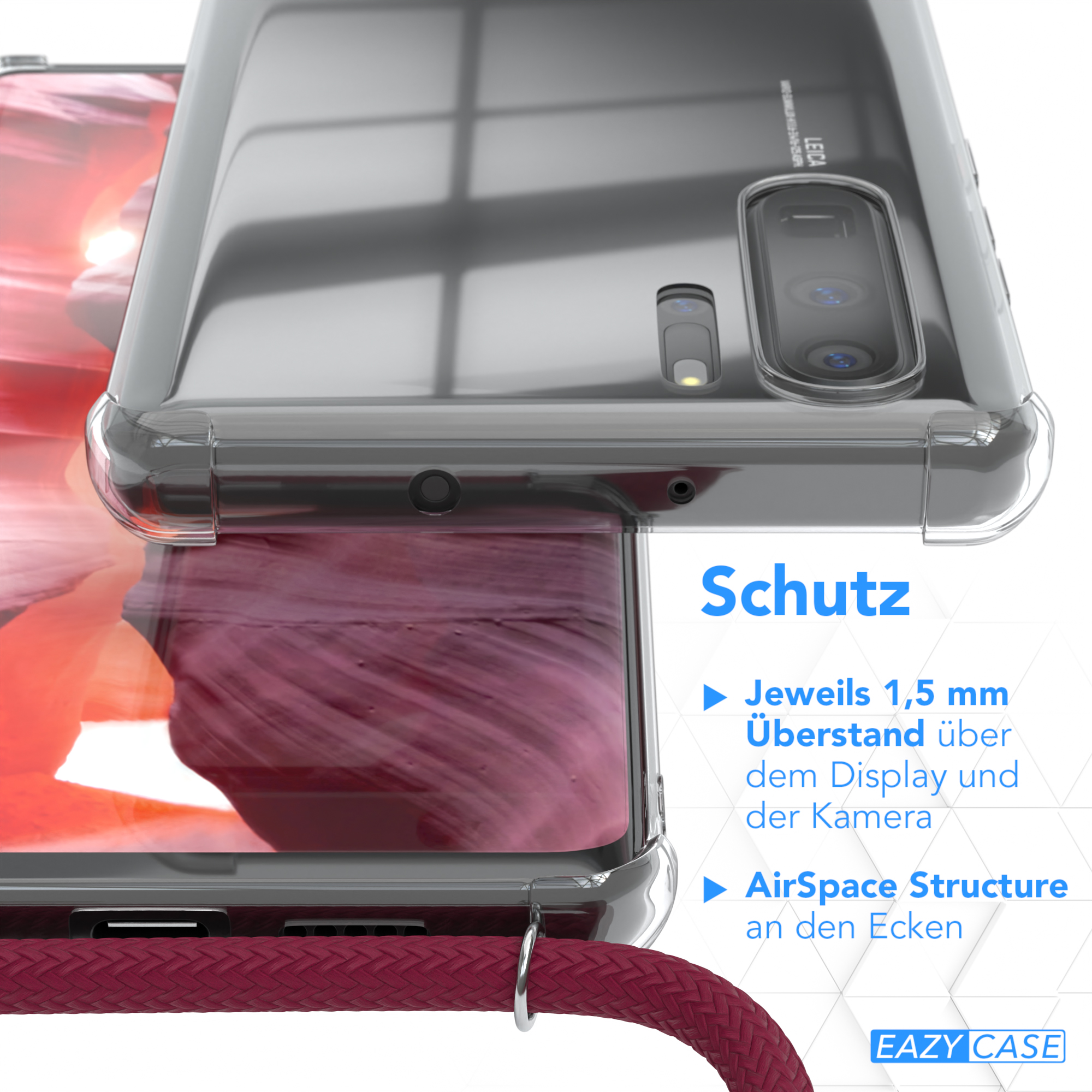 Huawei, Silber Umhängeband, Cover P30 EAZY Rot Pro, Clips Bordeaux / mit CASE Clear Umhängetasche,