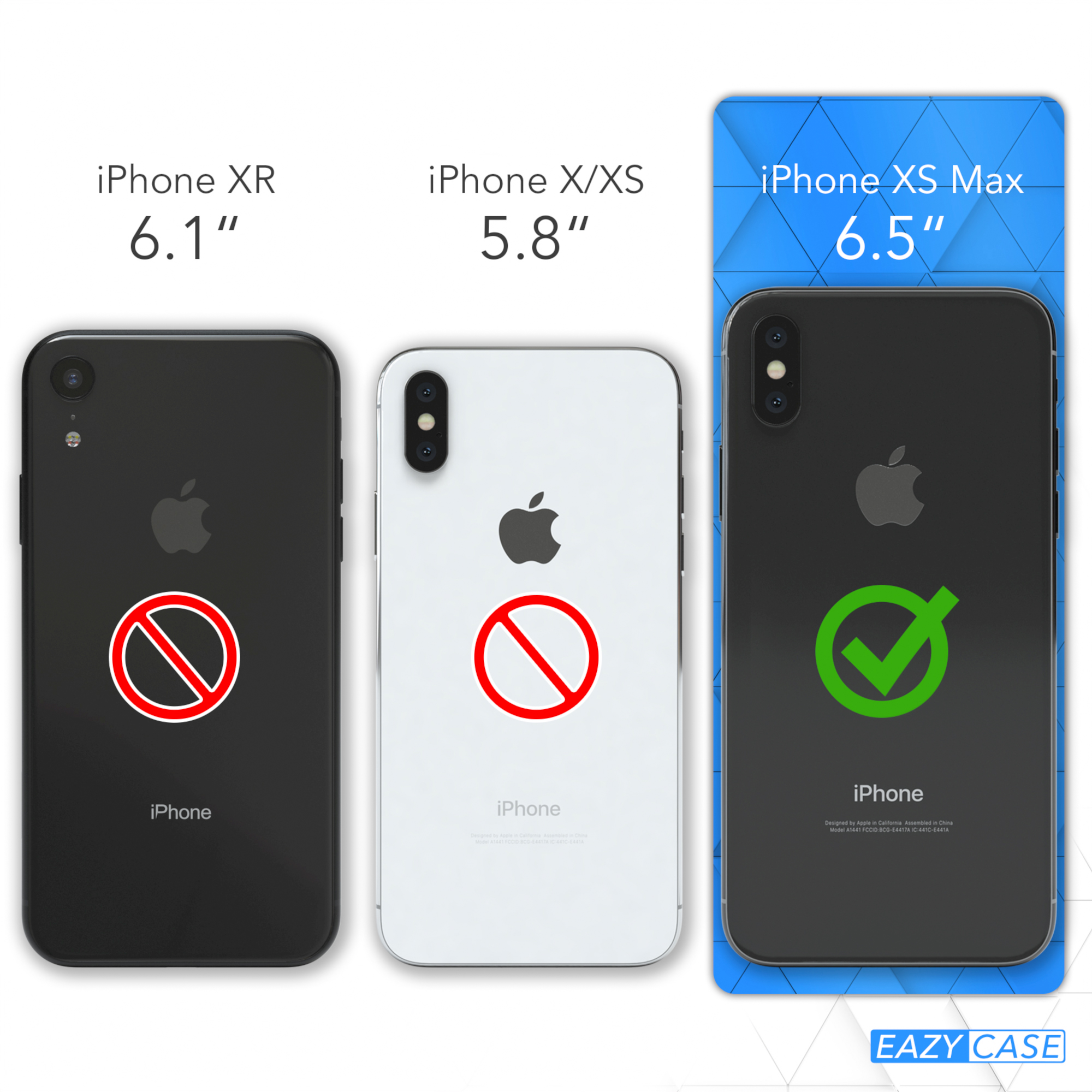 Drei iPhones, die die Kompatibilität mit einer Hülle zeigen. Zwei sind nicht kompatibel.