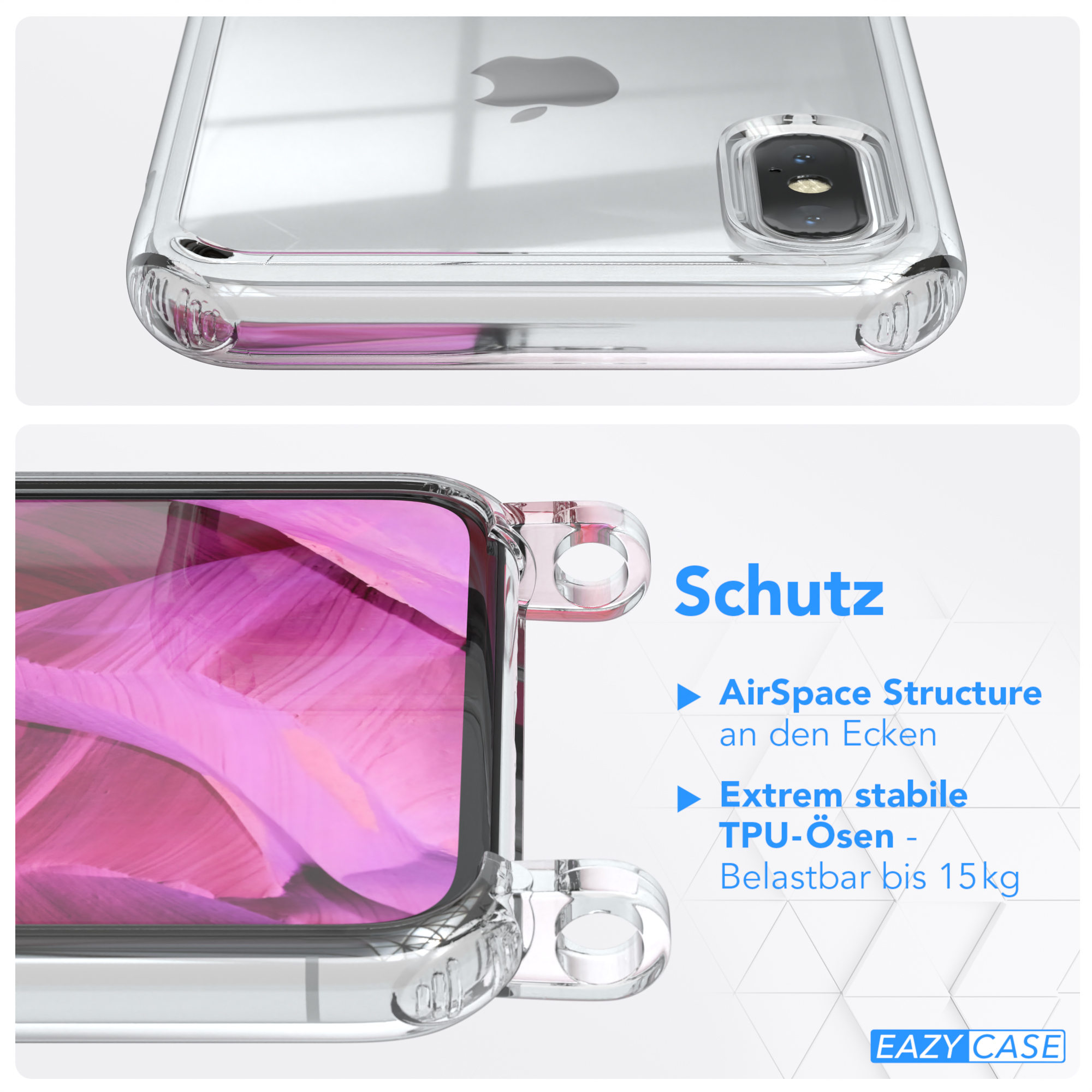 Max, Umhängetasche, / Clips Apple, Silber mit CASE EAZY iPhone Clear Cover Pink Umhängeband, XS