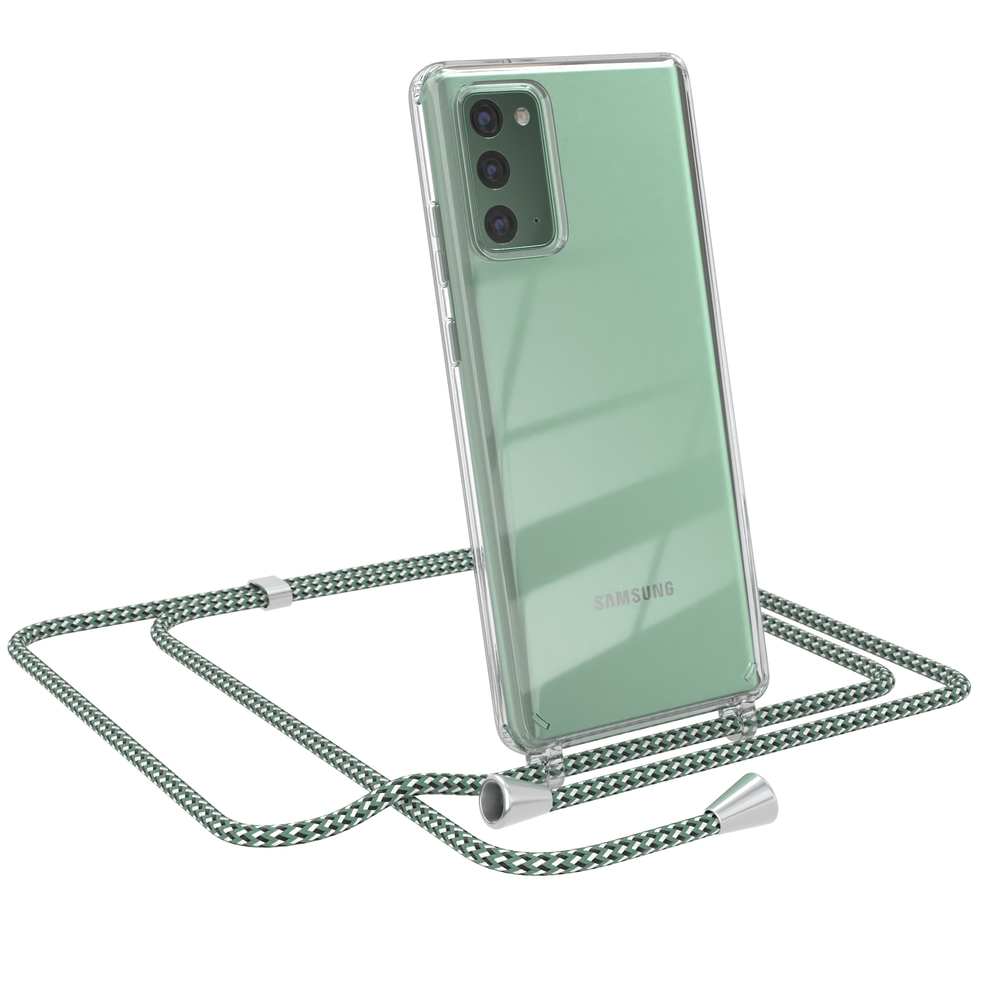 Telefon mit transparenter Hülle und grün/cremefarbenem Riemen. SAMSUNG-Logo sichtbar.