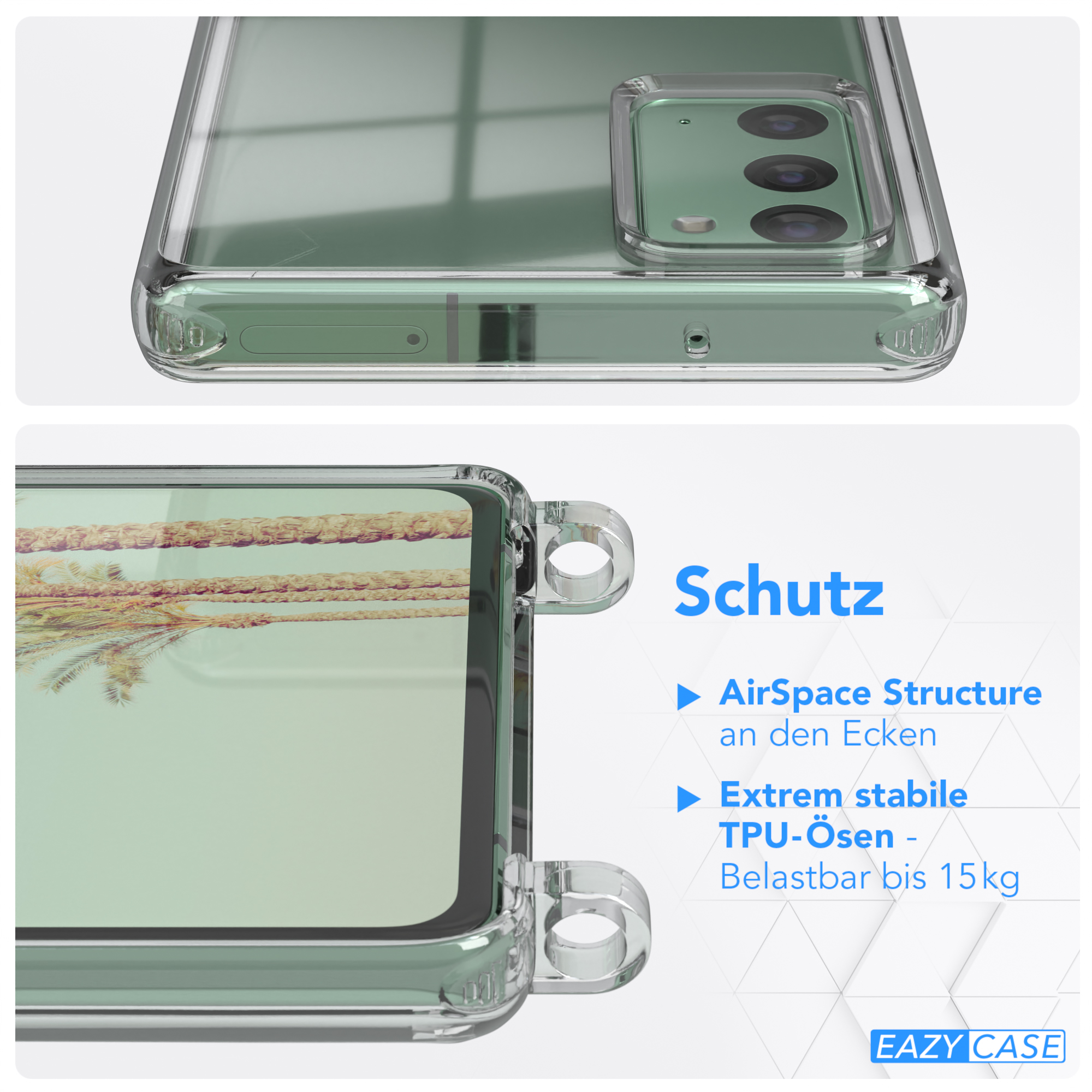 Nahaufnahme: Handyhülle Detail. Text: Schutz, AirSpace-Struktur, stabile TPU-Ösen, belastbar bis 15 kg.