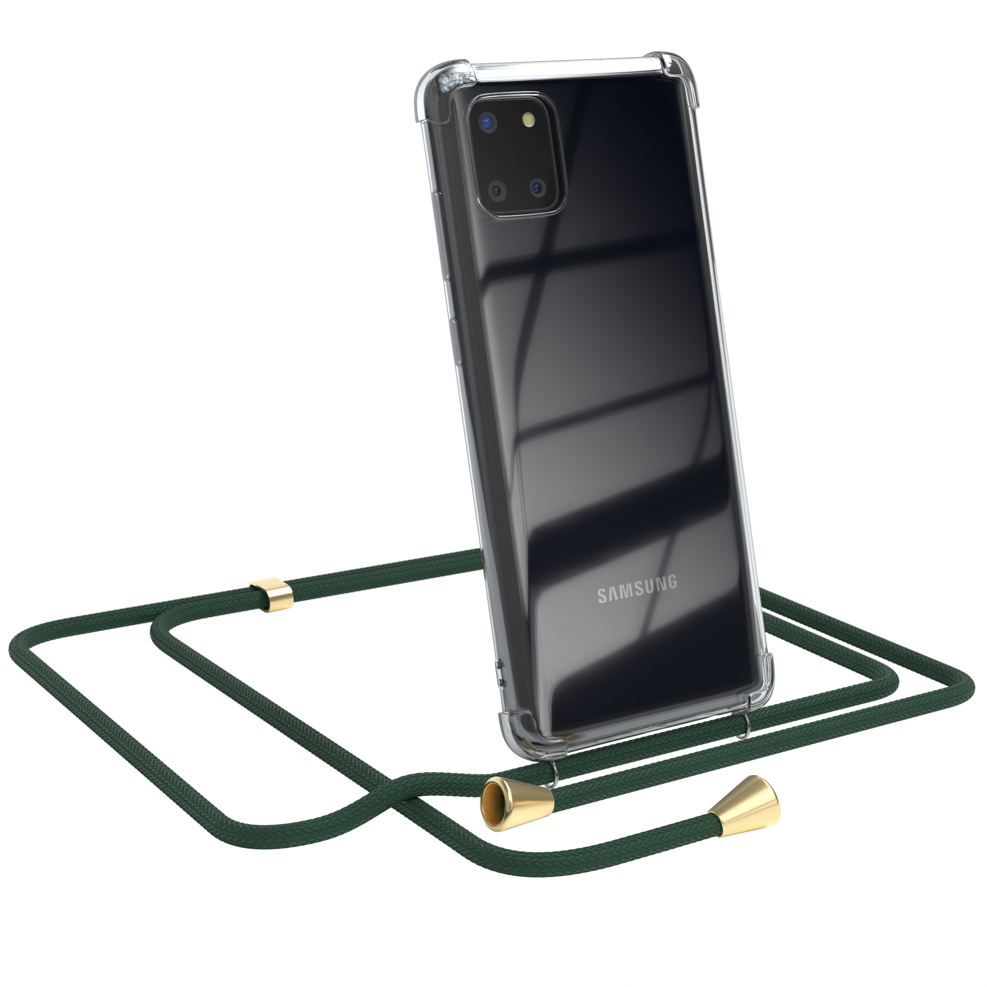 Transparente Handyhülle mit grünem Band. Samsung-Logo sichtbar. Weißer Hintergrund.