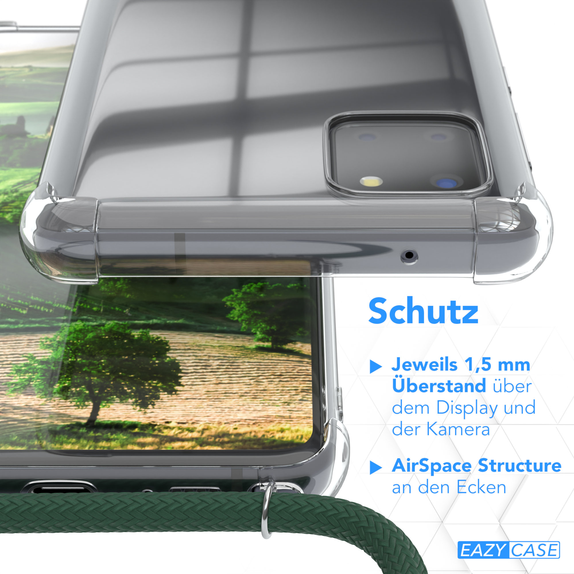 Klare Handyhülle auf einem Telefon. Text: Schutz, 1,5 mm über dem Display, AirSpace-Struktur.