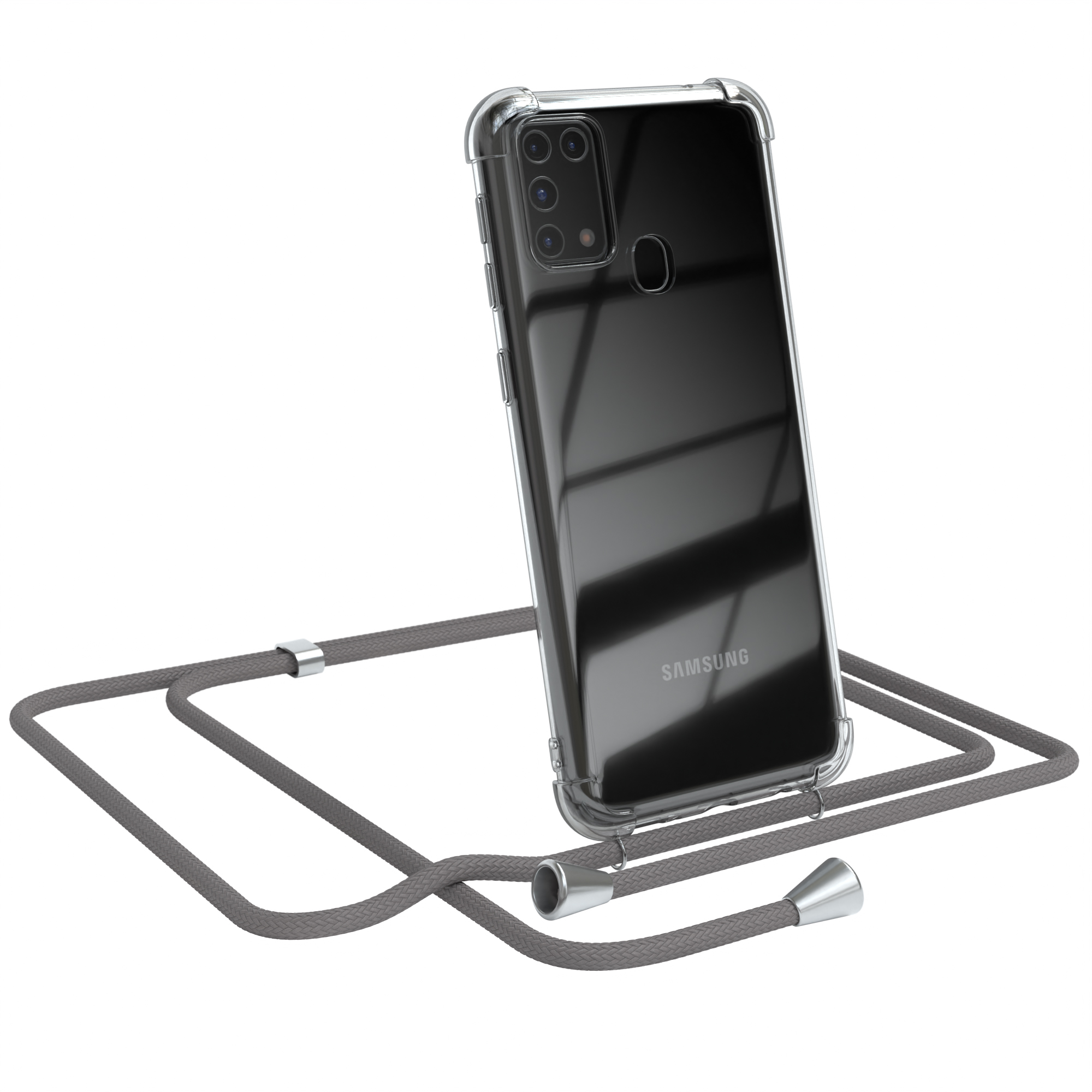 Transparente Handyhülle mit grauem Kabel. Telefon lehnt. Samsung Logo. Weißer Hintergrund.