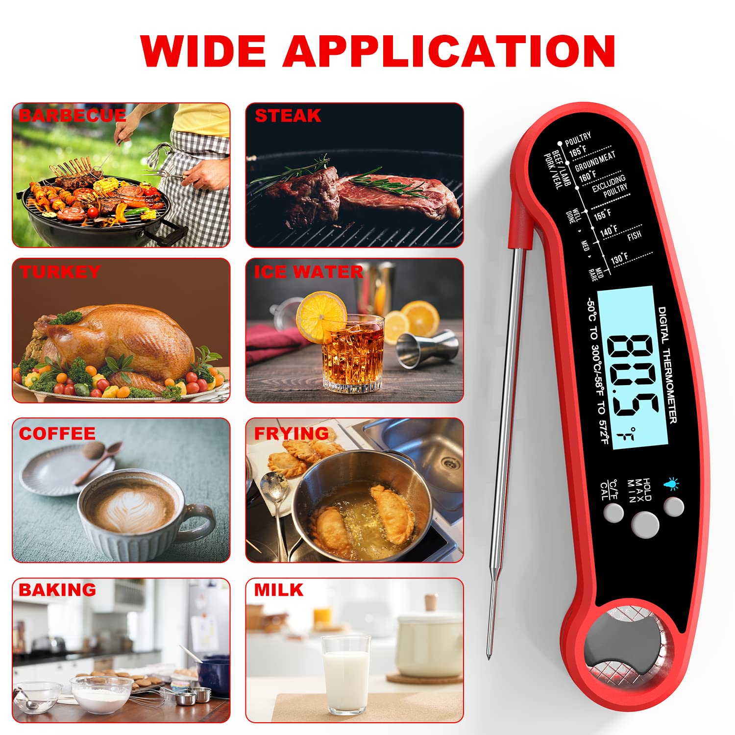 Thermometer mit Beispielen: Grillen, Steak, Truthahn, Eiswasser, Kaffee, Braten, Backen und Milch.