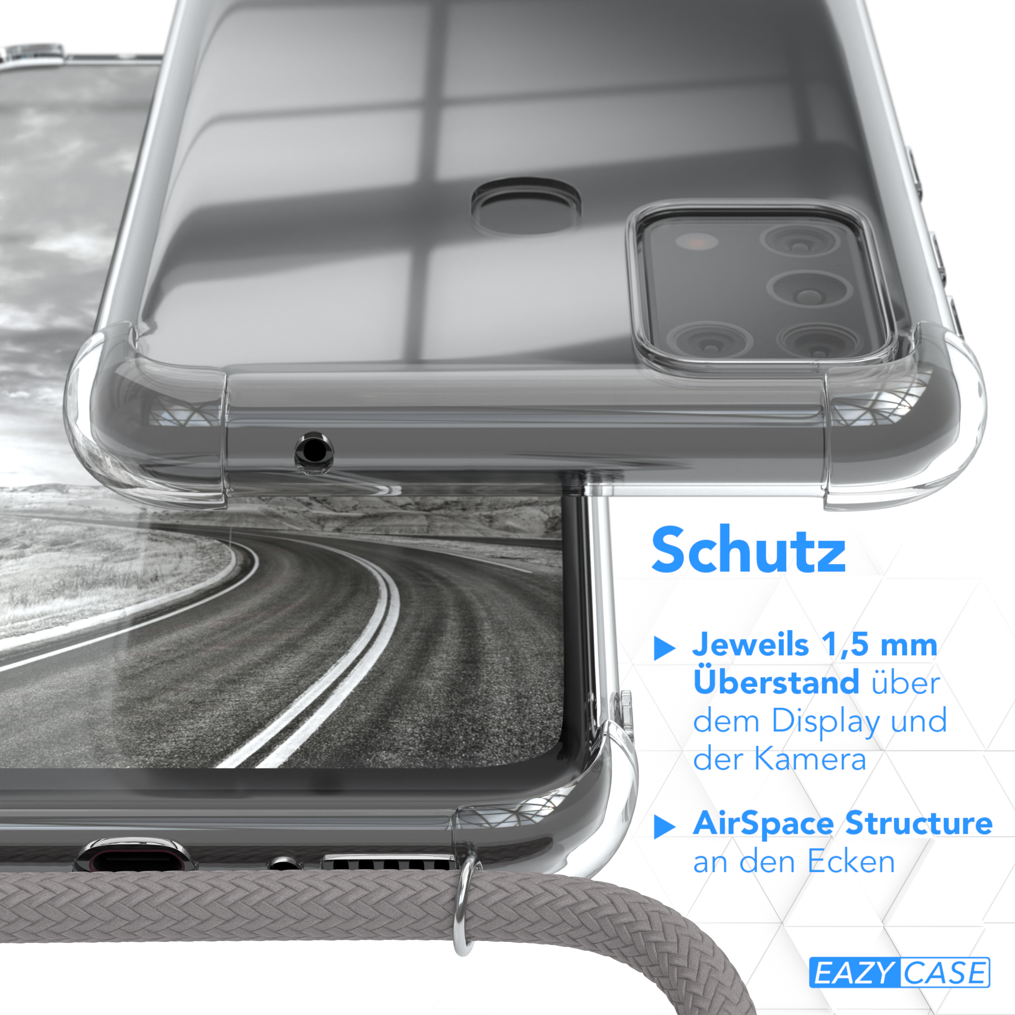 Eine klare Handyhülle über einem Telefon. Text liest Schutz und listet Funktionen auf.