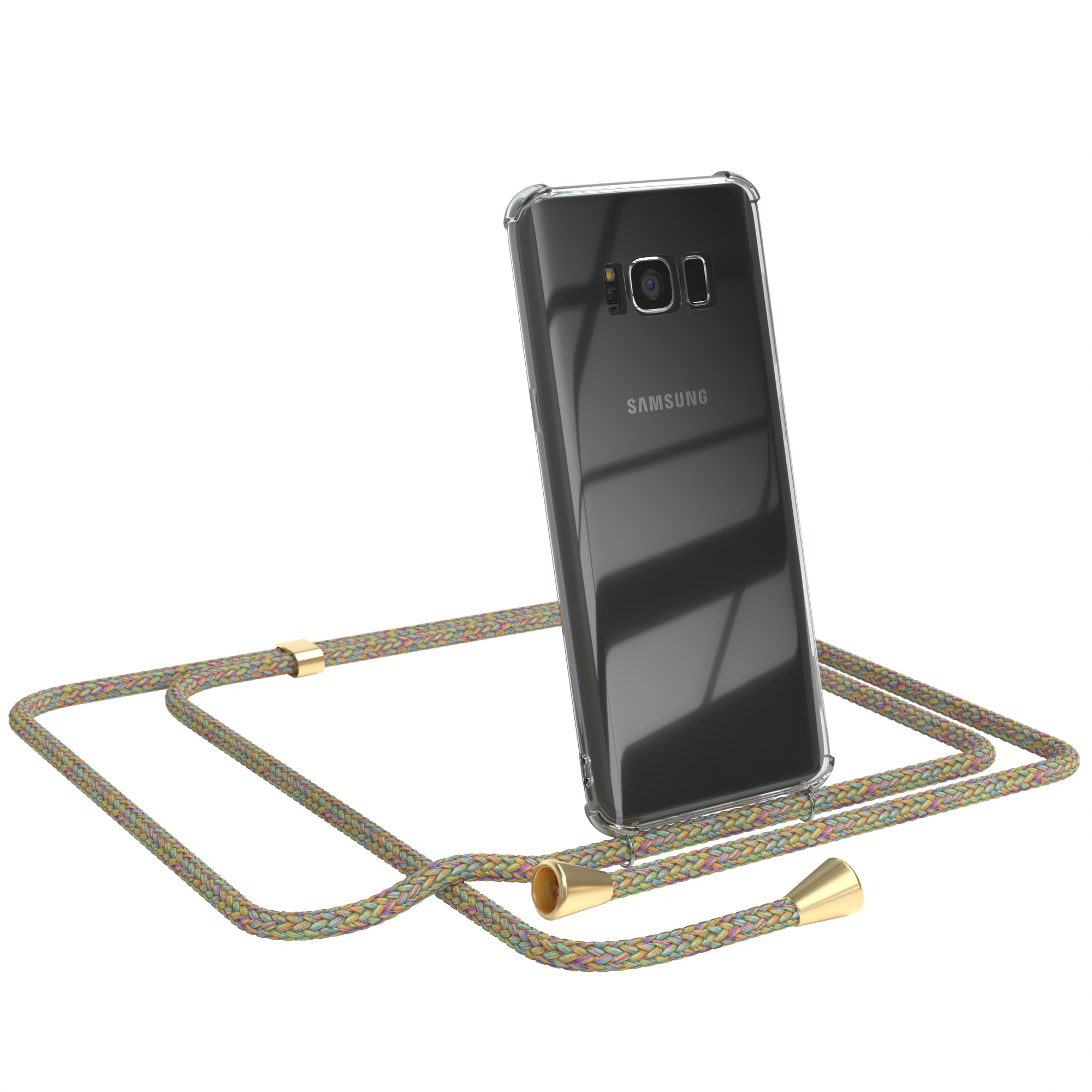 Transparente Handyhülle mit gemustertem Umhängeband. Ein Samsung-Handy ist darin. Weißer Hintergrund.