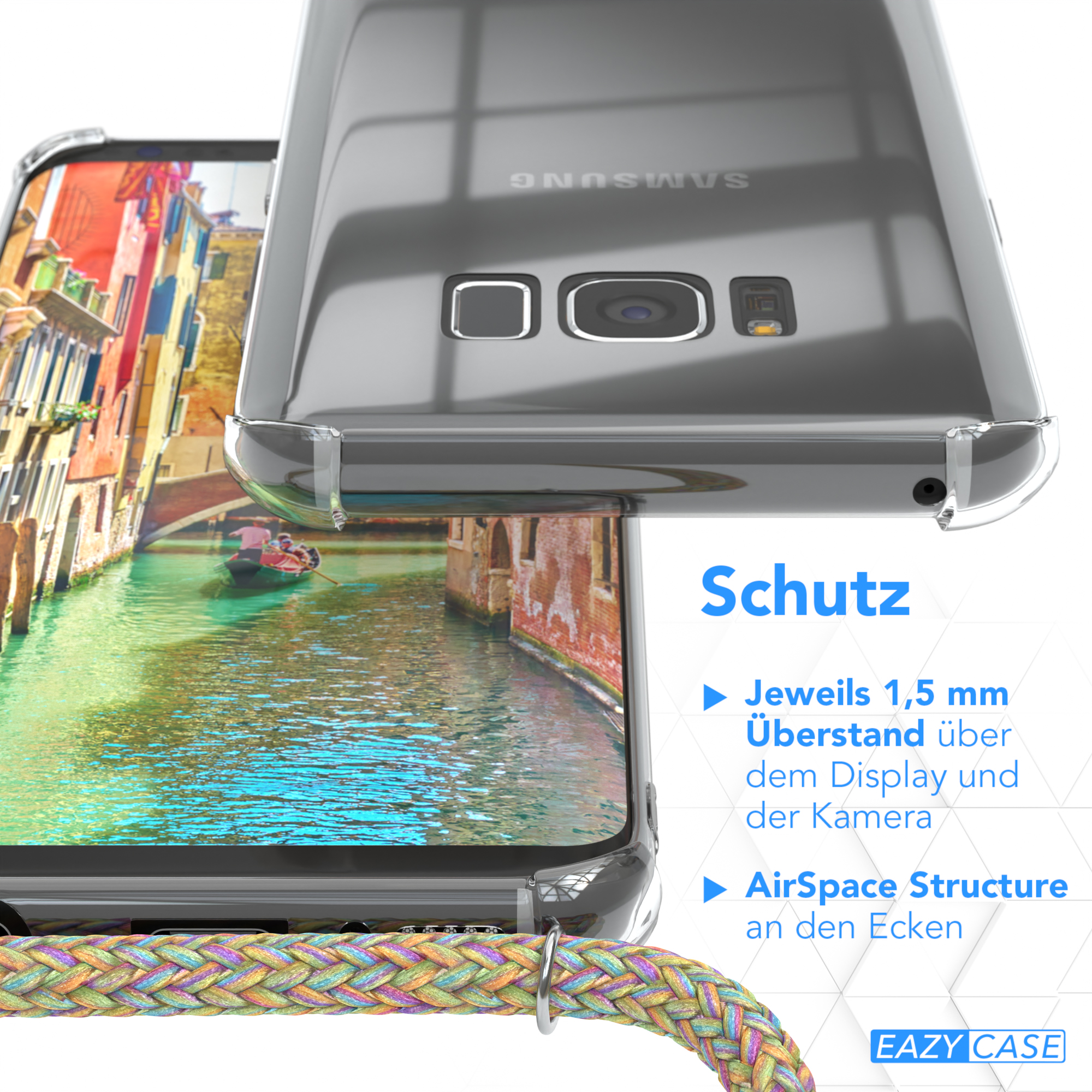 Eine Handyhülle mit Stadtlandschaft im Hintergrund. Der Text im Bild lautet Schutz.