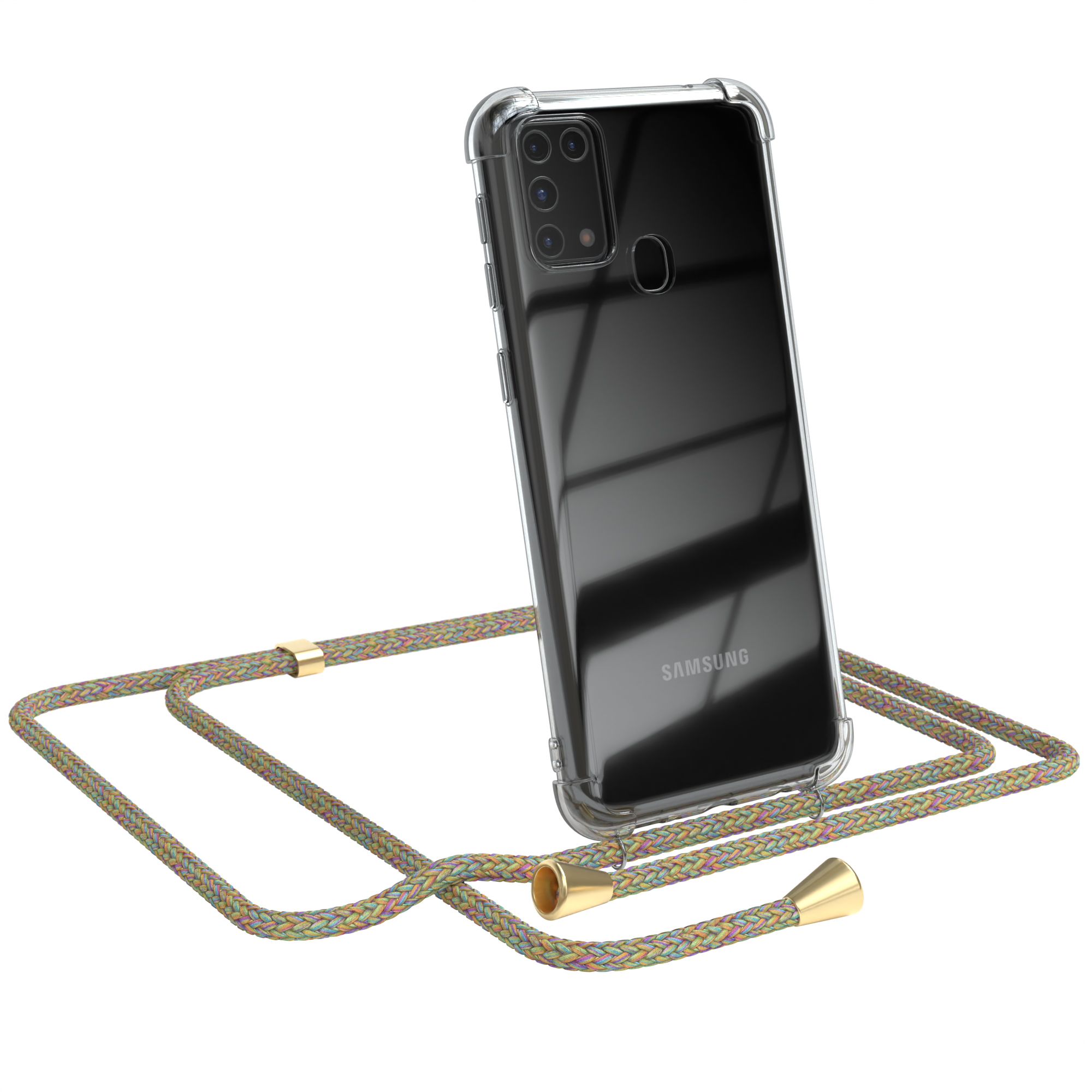Transparente Handyhülle mit beigem Lanyard. Samsung-Handy sichtbar. Weißer Hintergrund.