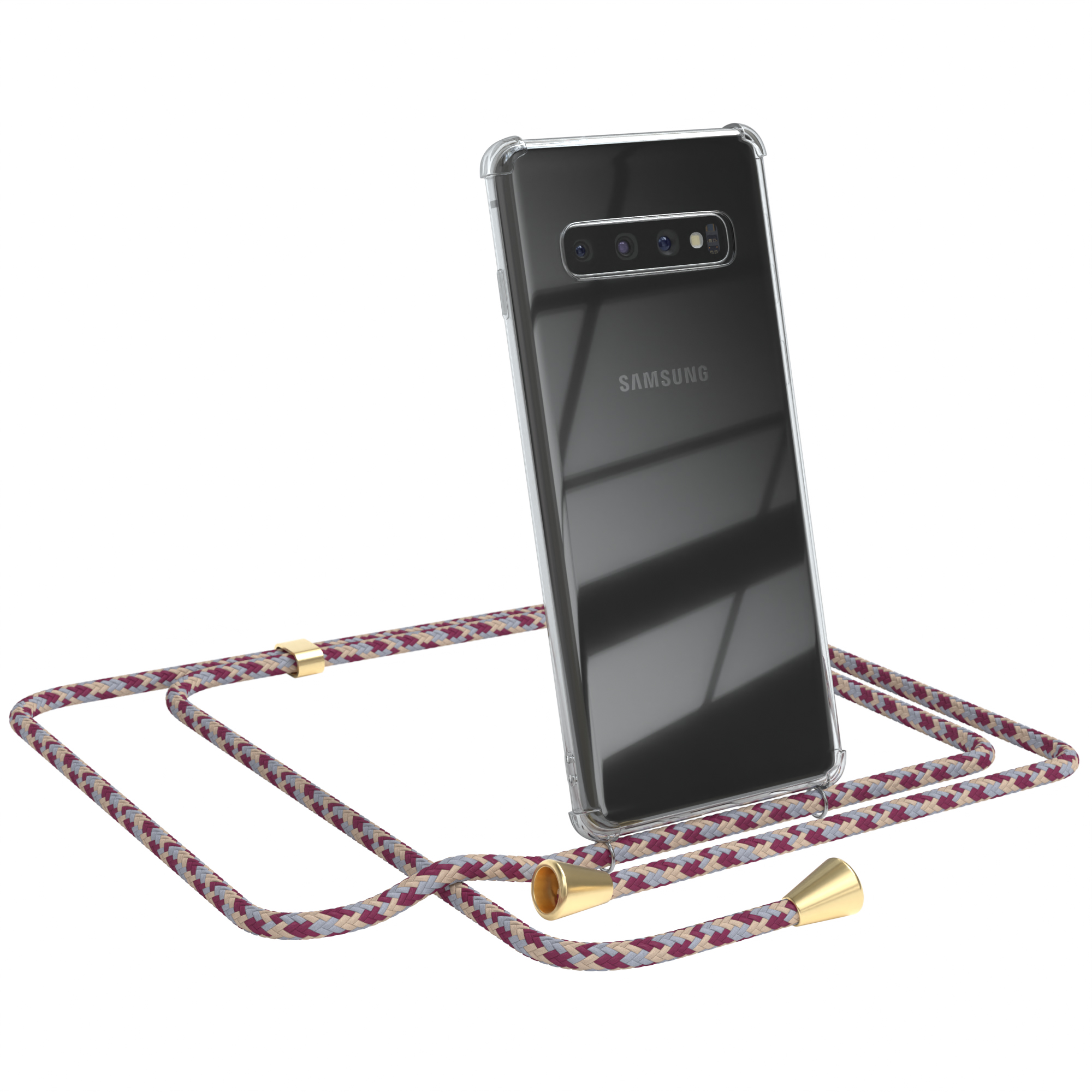 Transparente Handyhülle mit bordeaux-beigem Seil und goldenen Akzenten. Samsung Telefon.