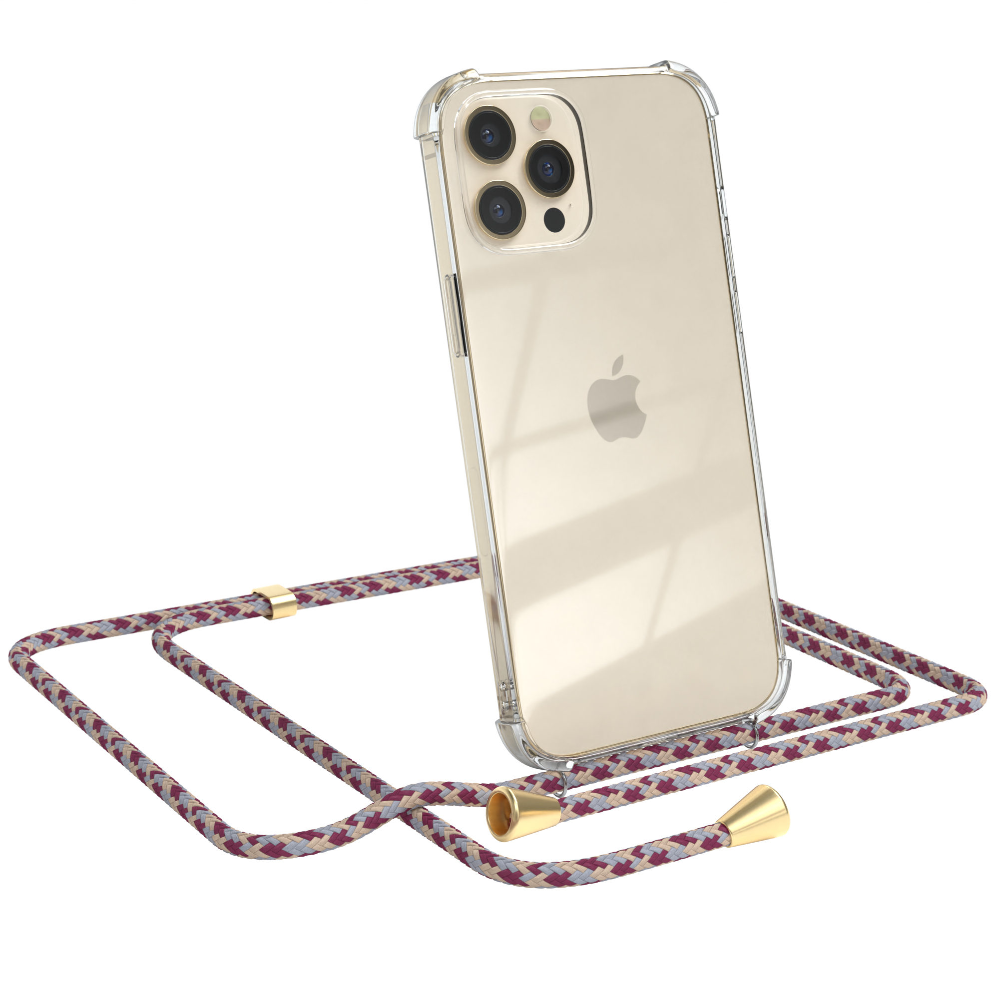 Transparente Handyhülle, gemustertes Band. Apple-Telefon sichtbar. Weißer Hintergrund.
