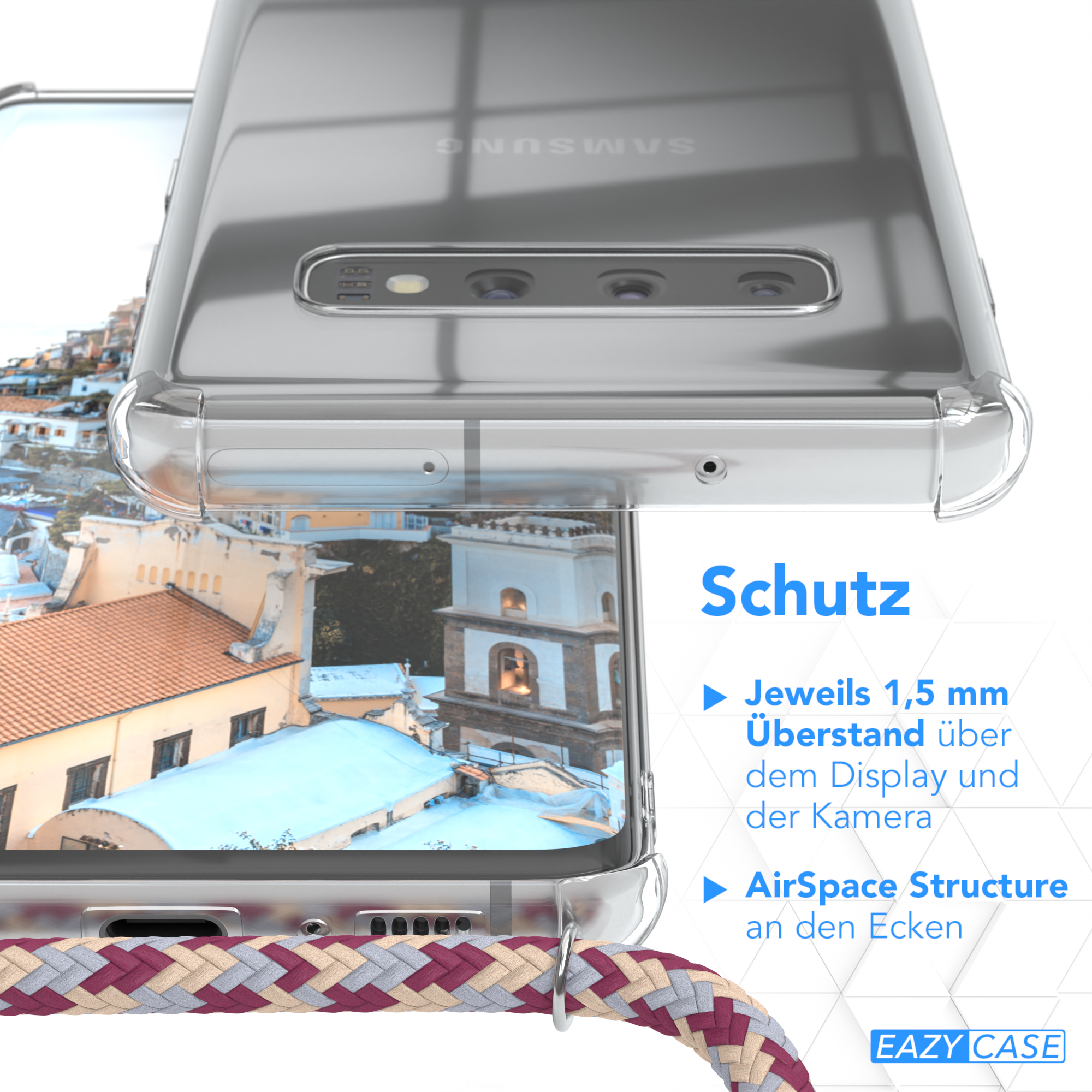 Transparente Handyhülle mit buntem Band. Im Hintergrund eine verschwommene Stadtansicht.