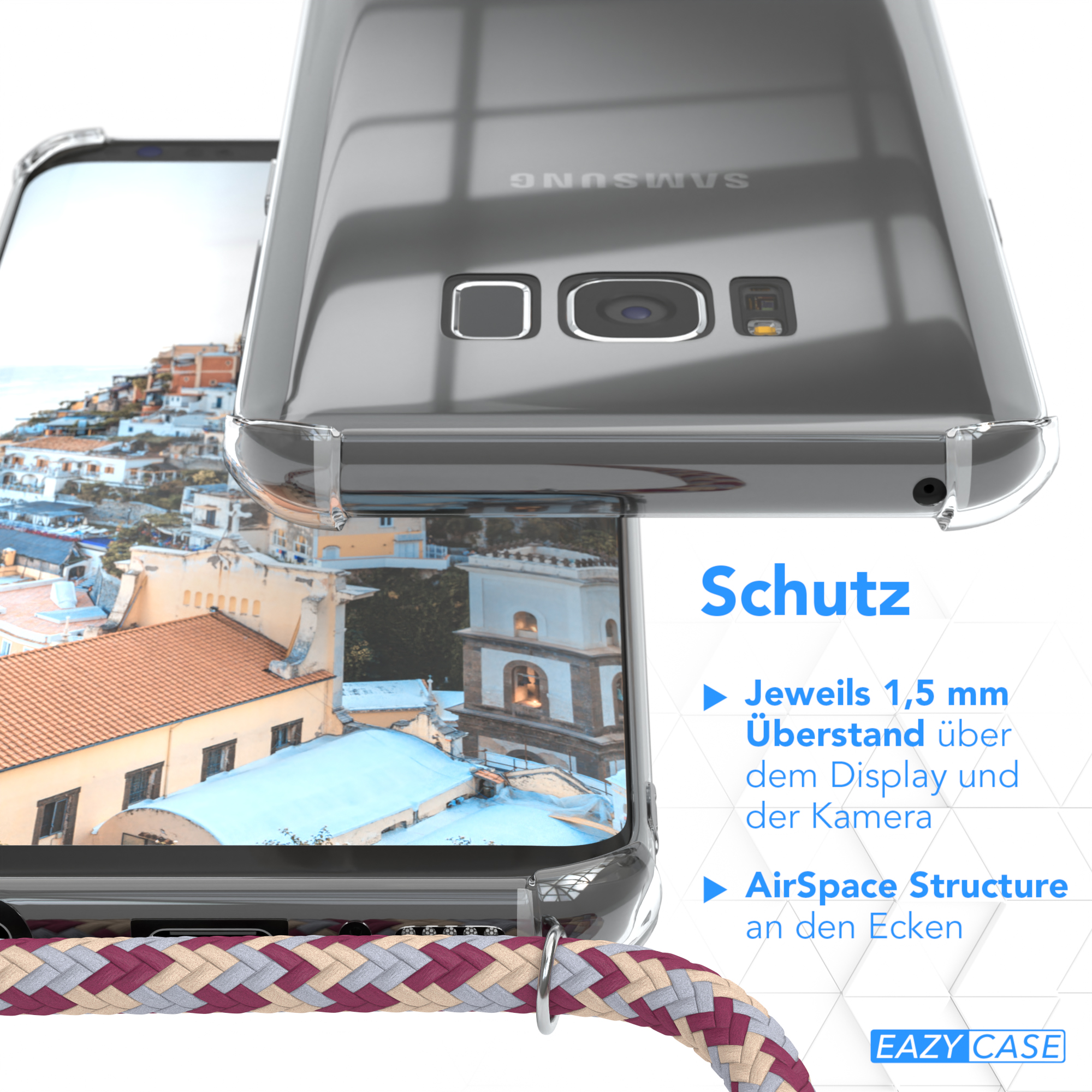 Transparente Handyhülle auf einem Telefon mit gemustertem Gurt, im Hintergrund Stadt.
