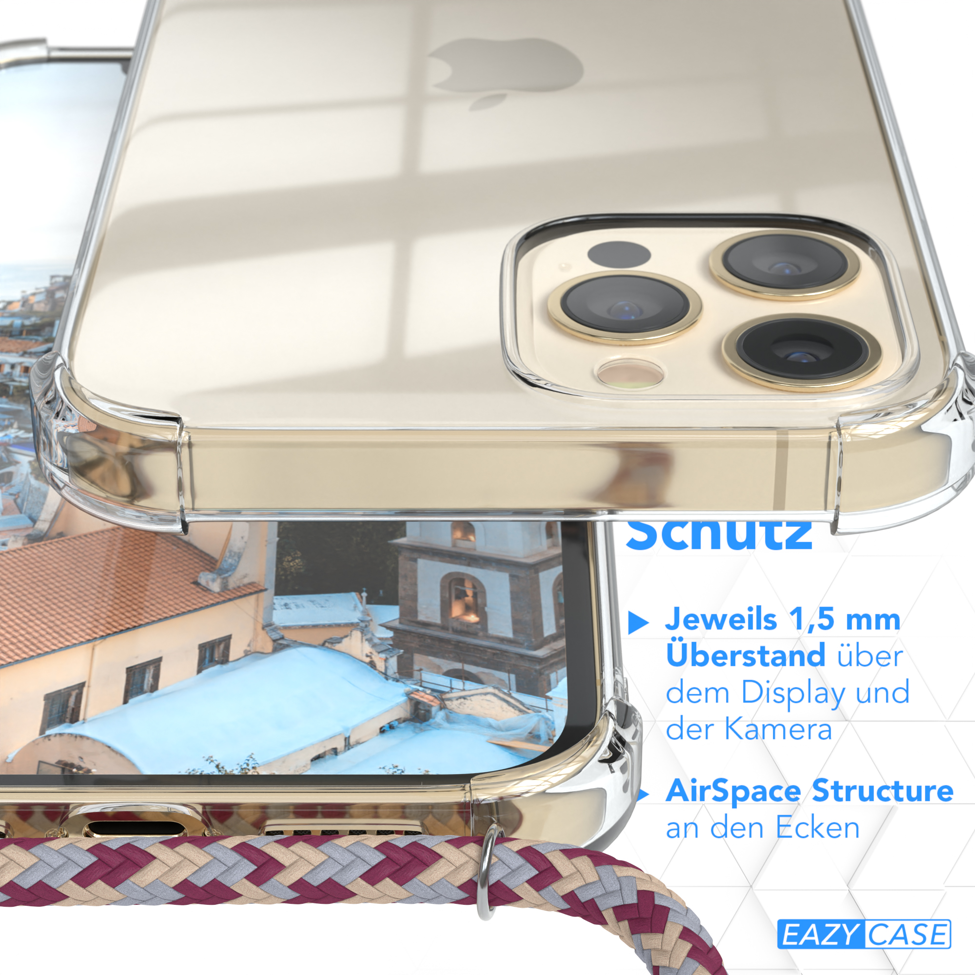 Klare Handyhülle. Ecke und Innenbild werden gezeigt.