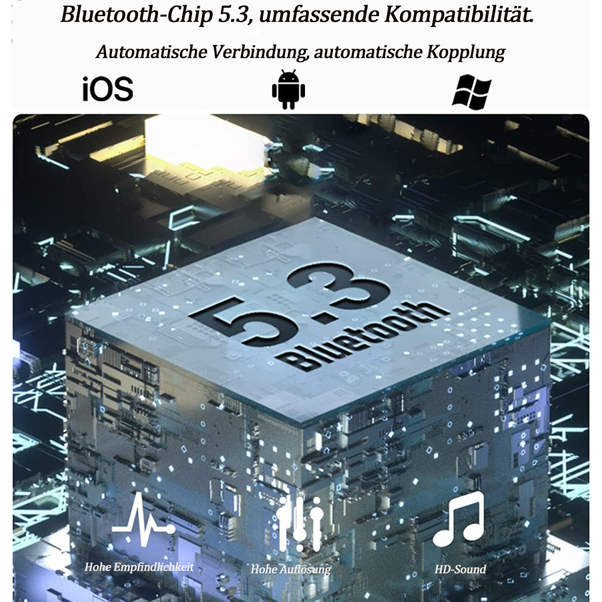 Ein technisches Diagramm eines Bluetooth-Chips mit Symbolen für iOS-, Android- und Windows-Kompatibilität.