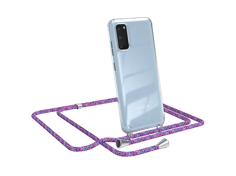 EAZY CASE Clear Cover mit Umhängeband, Umhängetasche, Samsung, Galaxy S20, Lila / Clips Silber | Handyketten