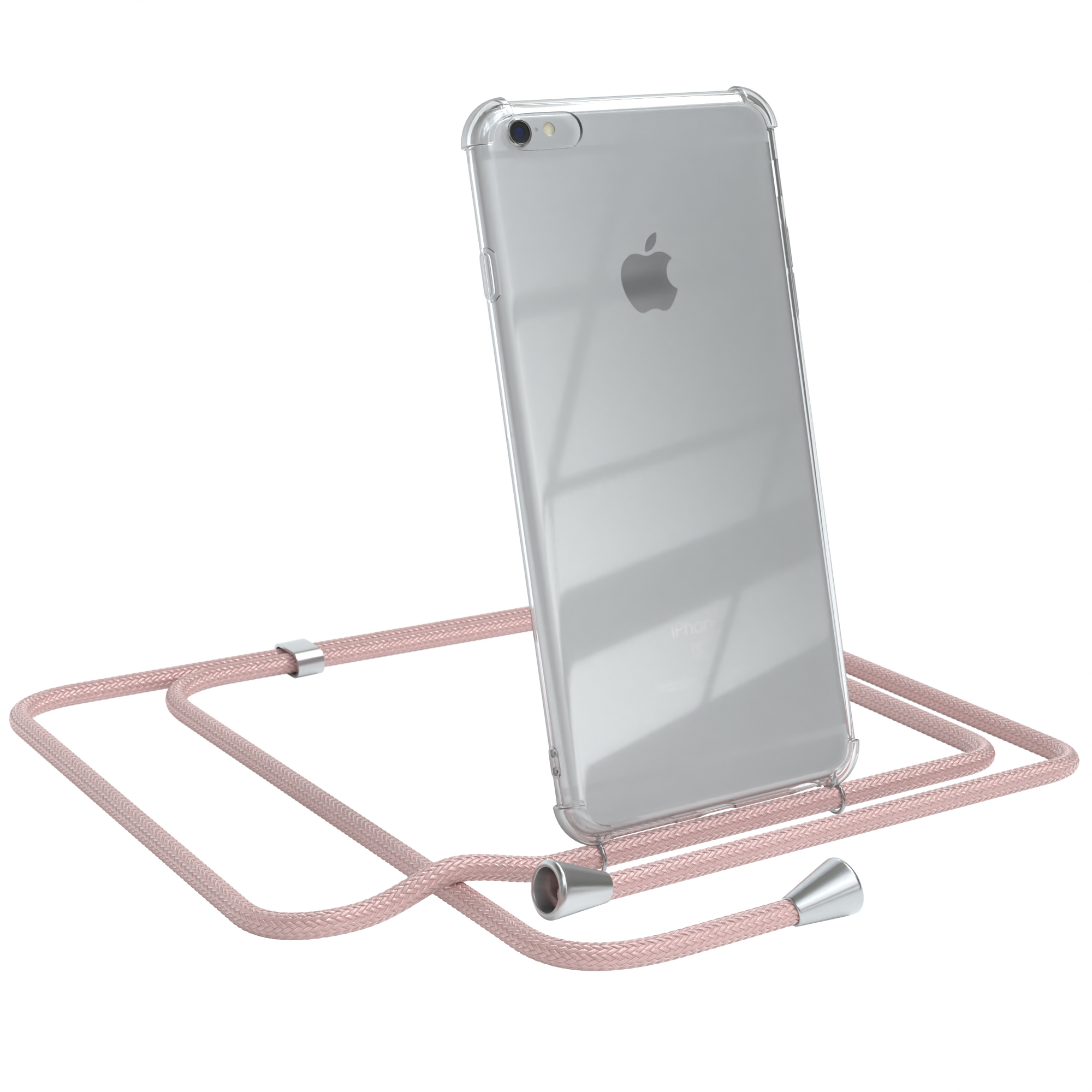 Eine transparente Handyhülle mit pinkfarbenem Umhängeband. Ein iPhone ist drin.