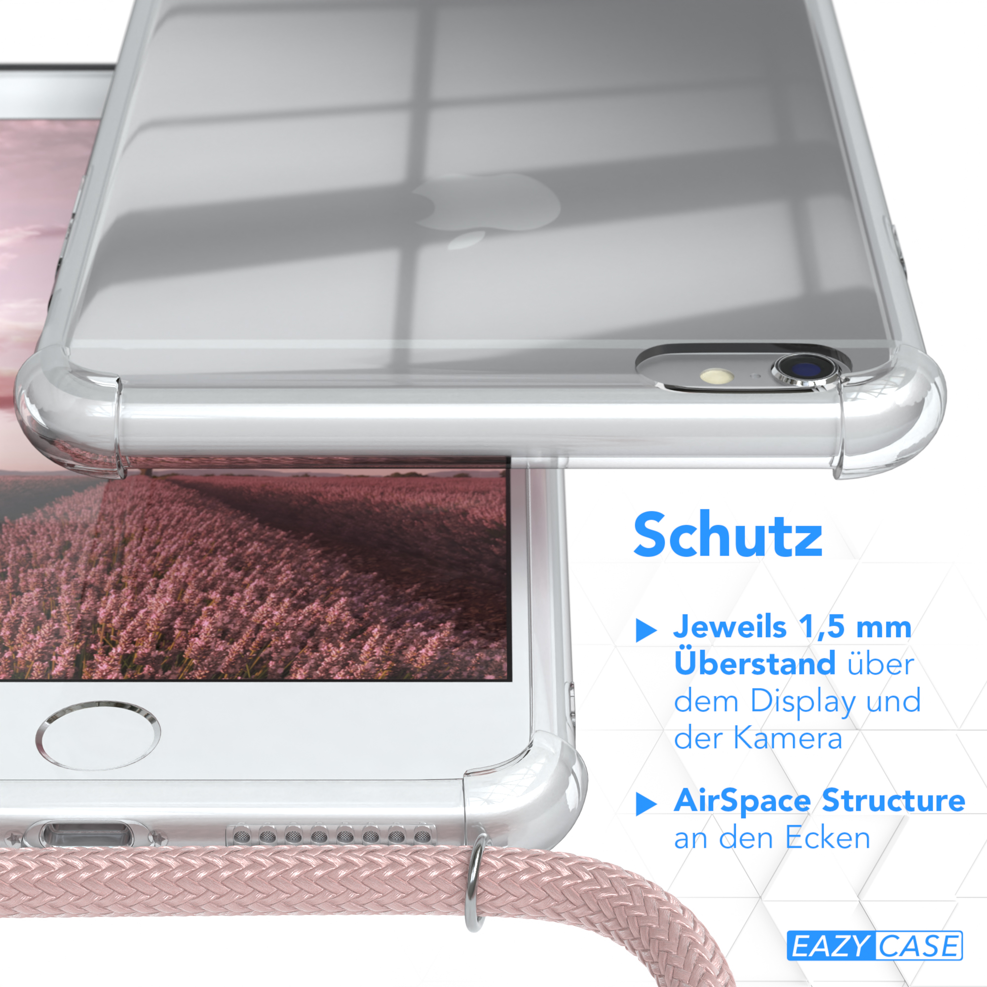 Nahaufnahme einer durchsichtigen Handyhülle mit pinkfarbenem Lanyard-Detail und dem Wort 'Schutz'.