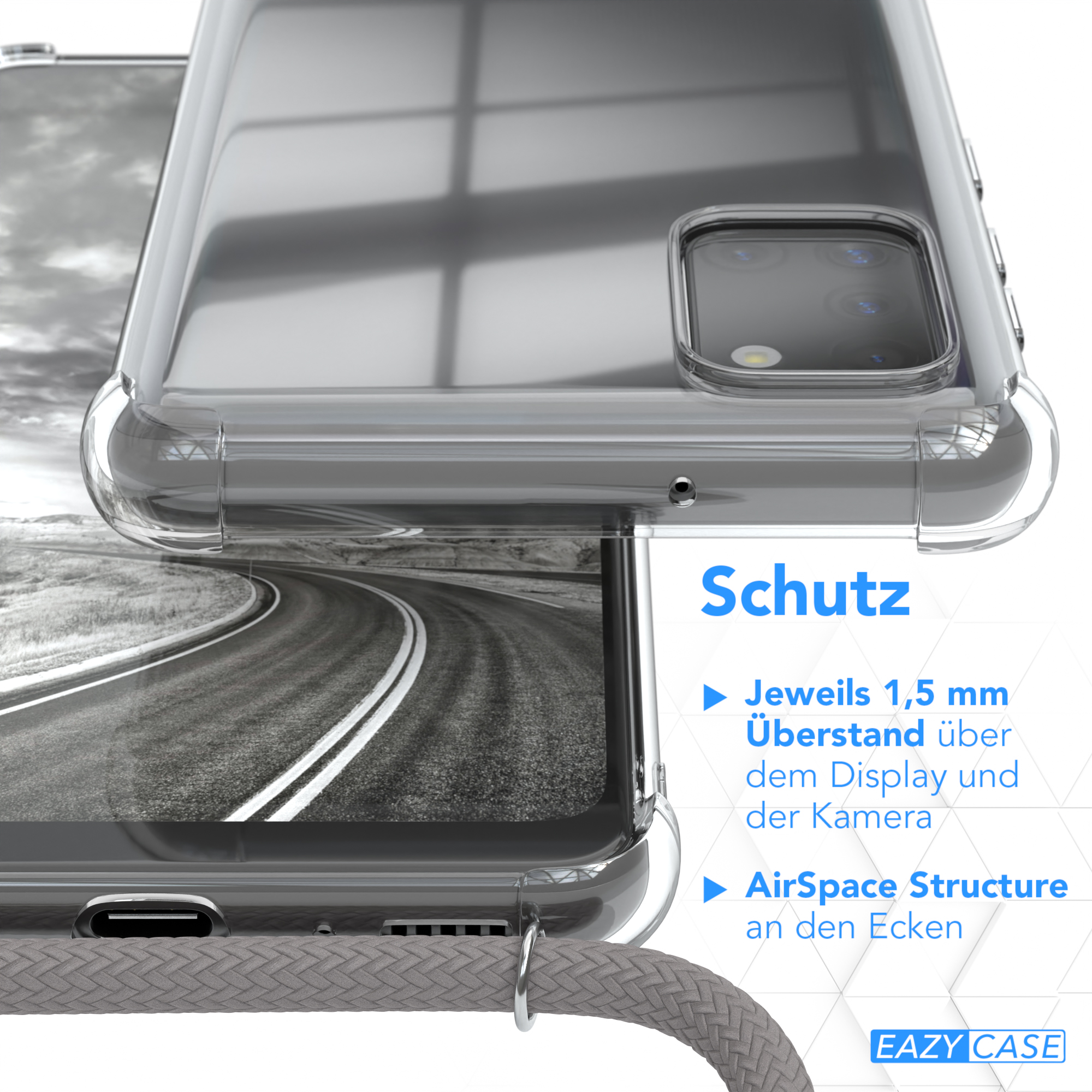Nahaufnahme einer Handyhülle mit Rand, Text 'Schutz' und EAZY CASE Logo.