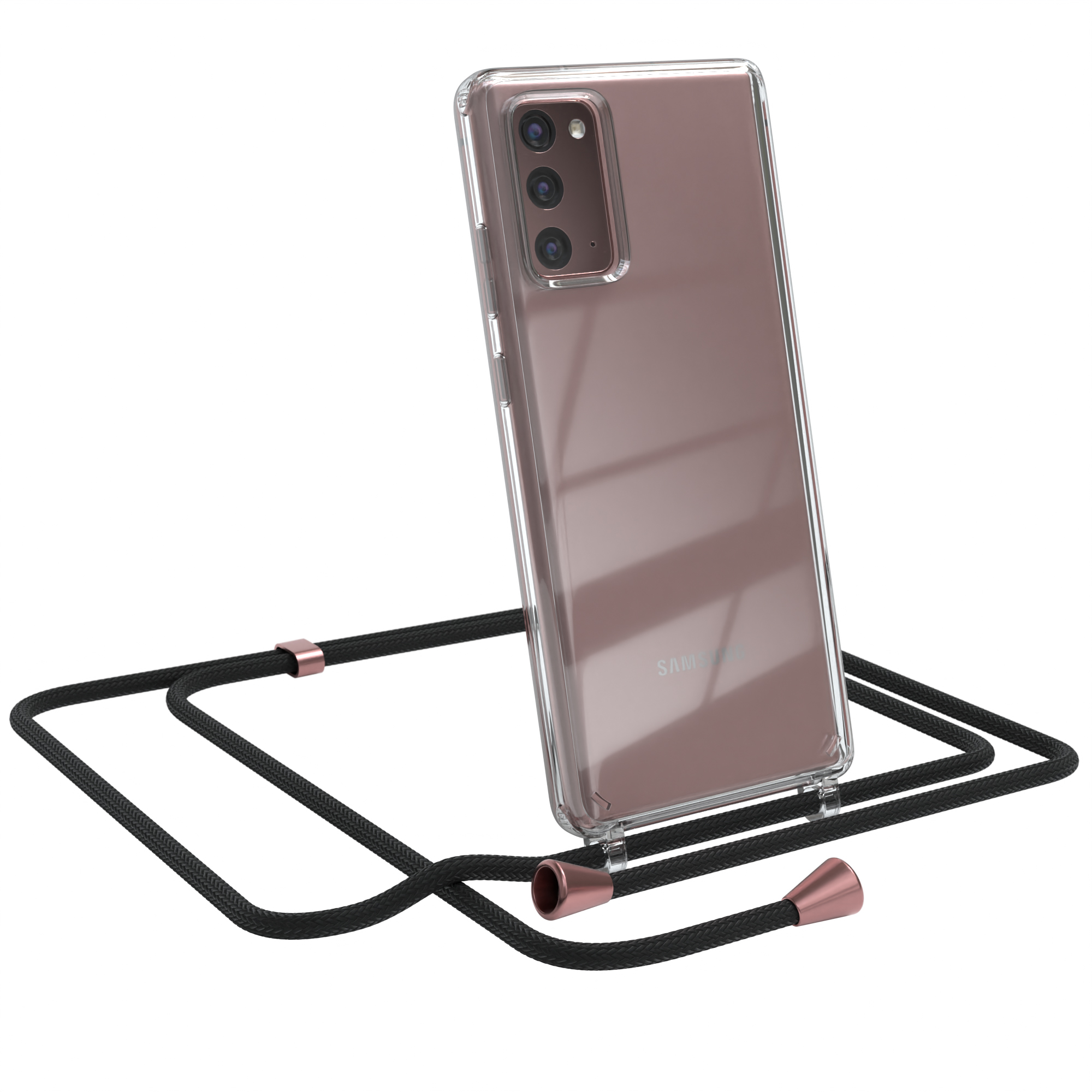 Transparente Handyhülle mit schwarzem Kordel. Samsung-Handy-Rückseite sichtbar. Telefon ist angewinkelt.