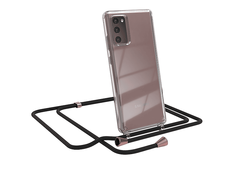 EAZY CASE Clear Cover mit Umhängeband, Umhängetasche, Samsung, Galaxy Note 20 / Note 20 5G, Schwarz / Clips Rosé