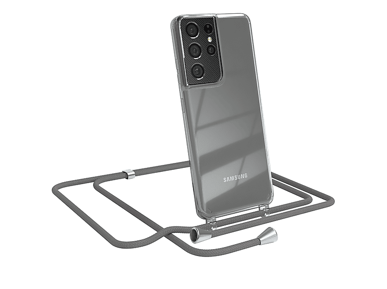 EAZY CASE Clear Cover mit Umhängeband, Umhängetasche, Samsung, Galaxy S21 Ultra 5G, Grau / Clips Silber