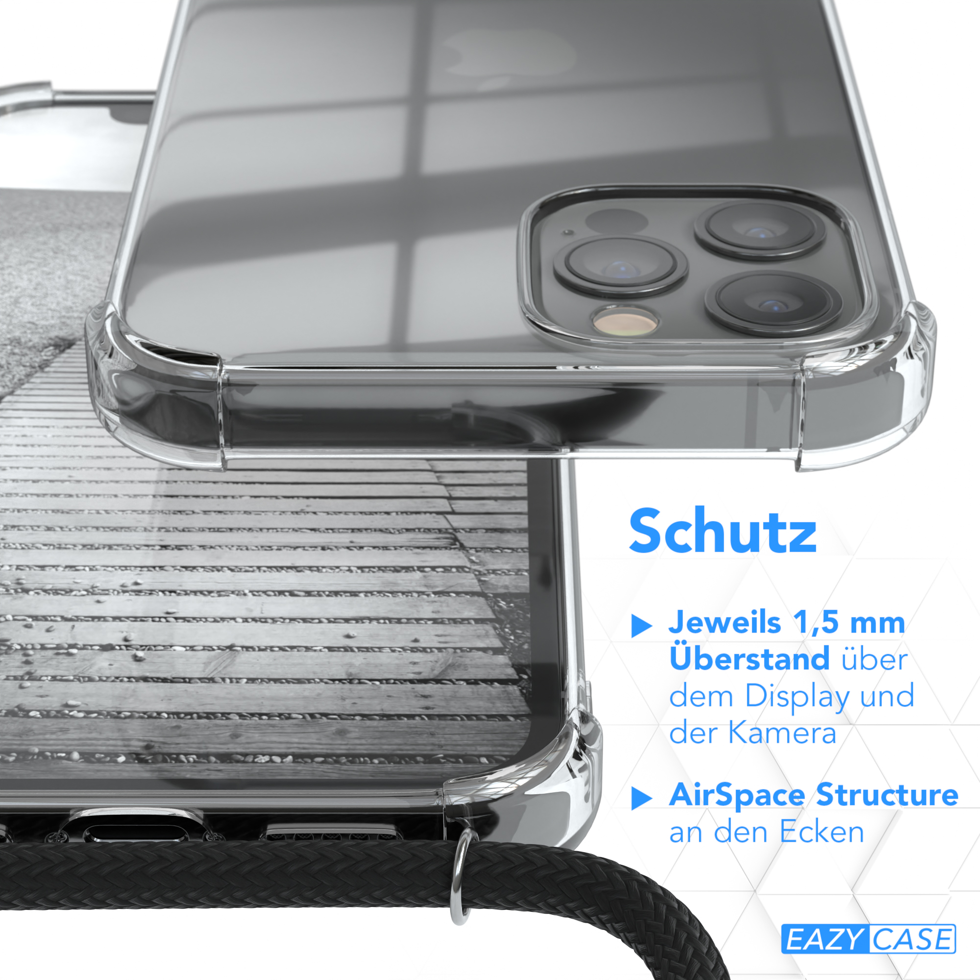 Transparente Handyhülle über einem Telefon. Der Hintergrund zeigt einen Holzboden. Text: Schutz, AirSpace.