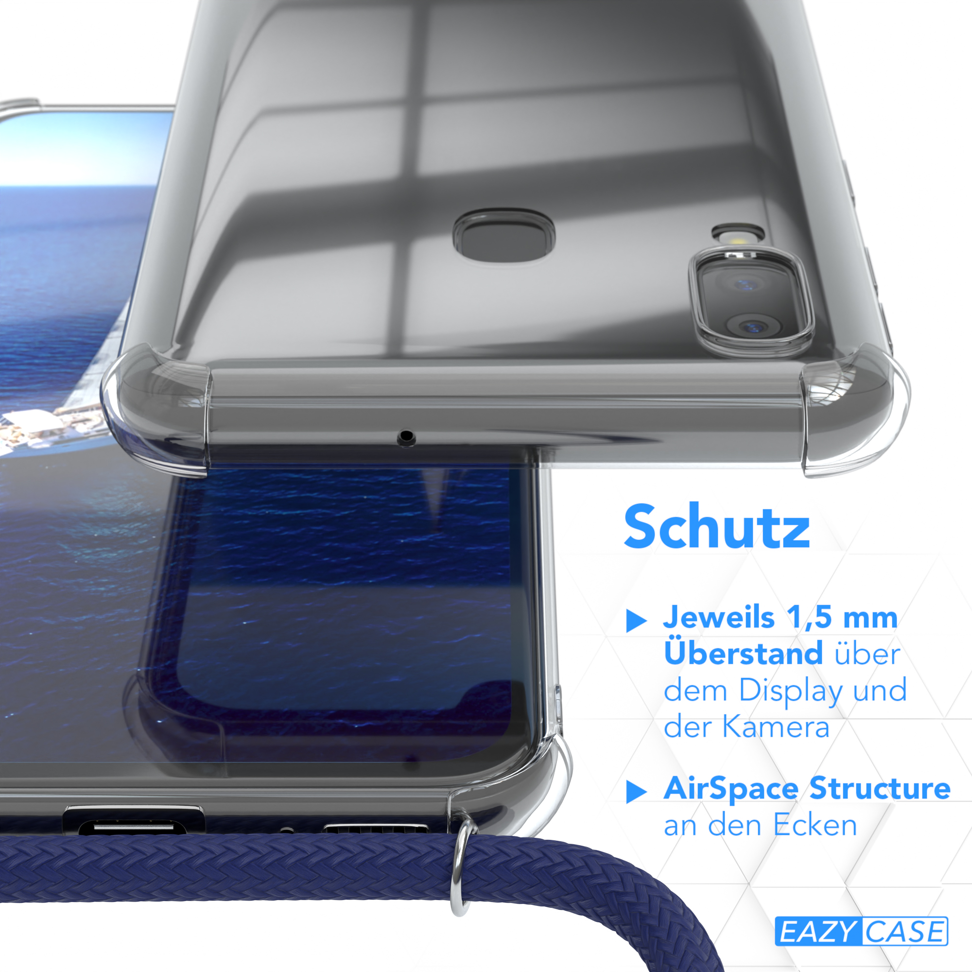 Nahaufnahme einer Handyhülle mit Schutzdetails. Text: 'Schutz' und 'Eazy Case'-Logo.