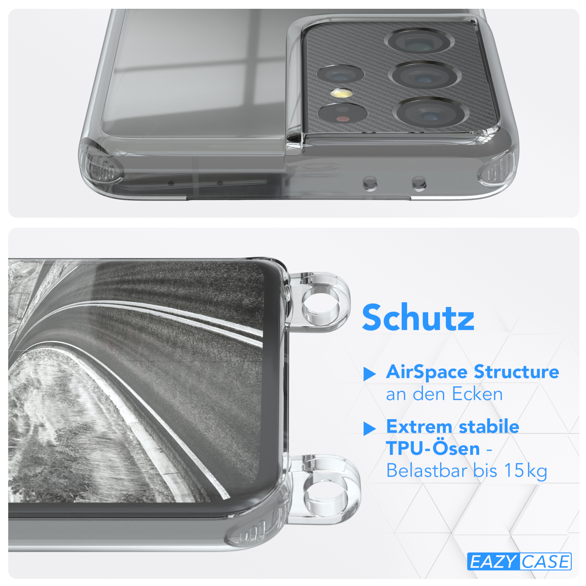 S21 EAZY 5G, Grau Umhängeband, mit Clips Cover CASE Galaxy Samsung, / Umhängetasche, Silber Clear Ultra