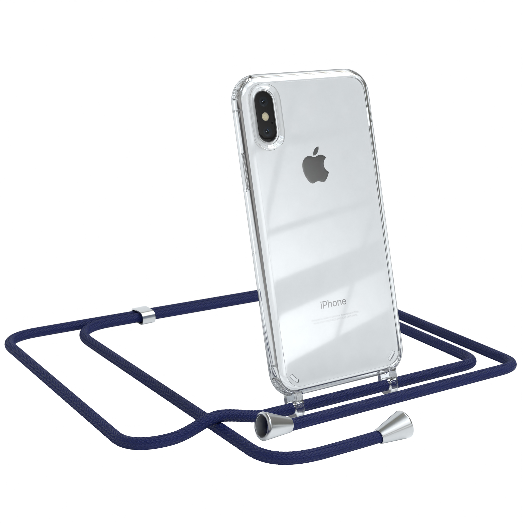 Transparente Handyhülle mit dunkelblauem Umhängeband. Apple-Logo sichtbar.