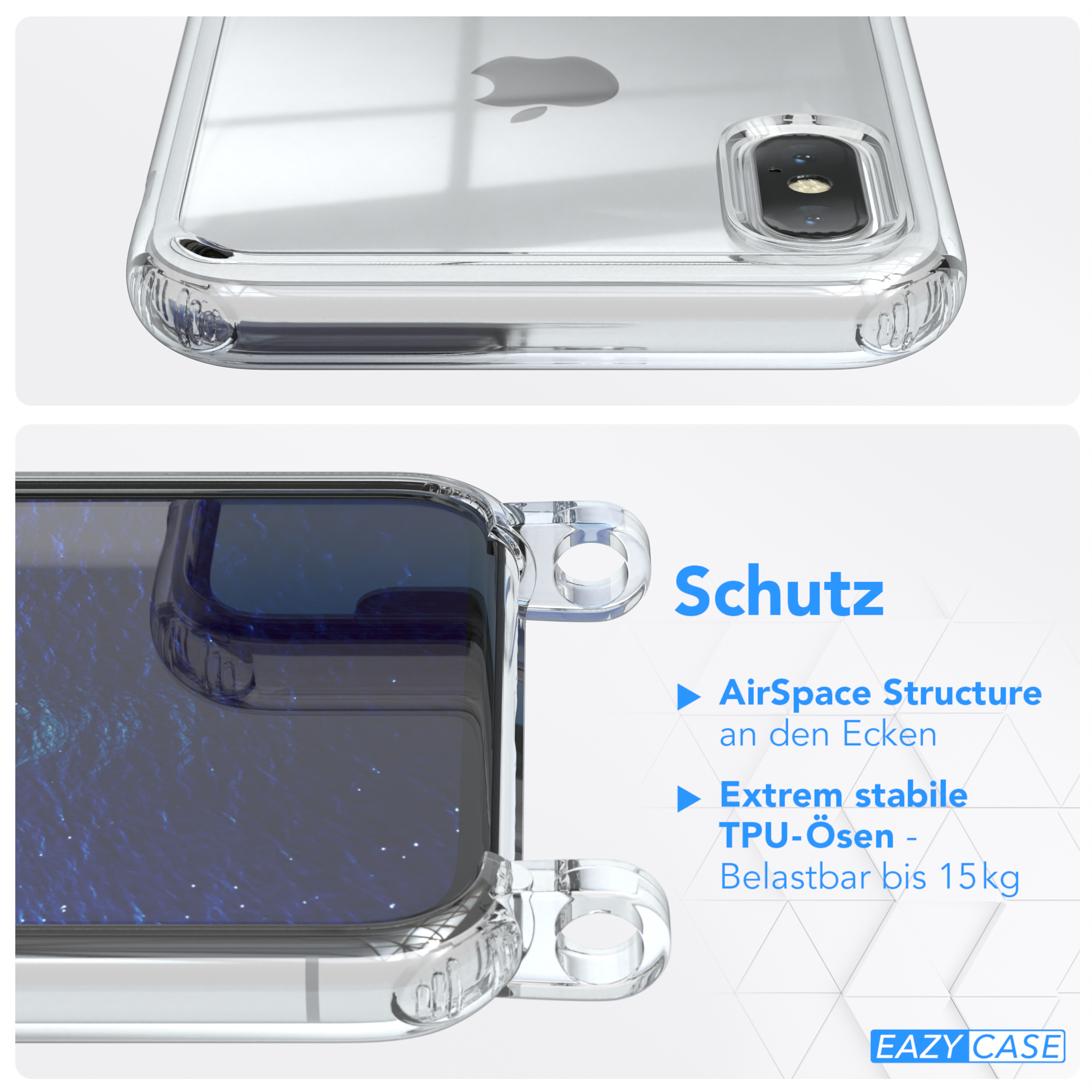 Klar Handyhülle mit Funktionen. Apple-Logo sichtbar. Text: Schutz, AirSpace Structure, extrem stabile TPU-Ösen.