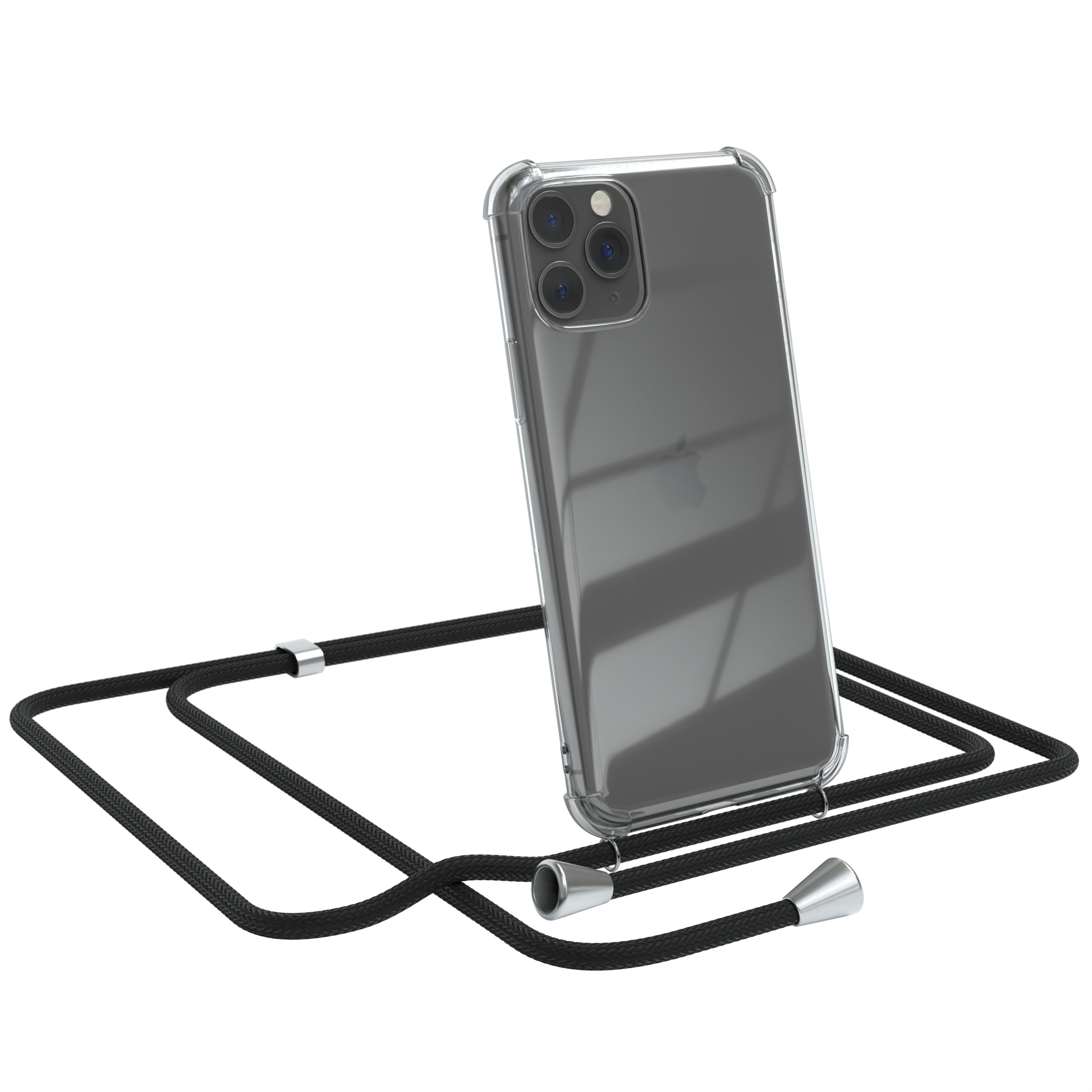Telefon in klarer Hülle mit schwarzem Kabel.
