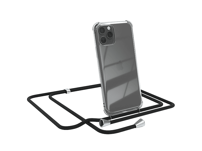EAZY CASE Clear Cover mit Umhängeband, Umhängetasche, Apple, iPhone 11 Pro, Schwarz / Clips Silber