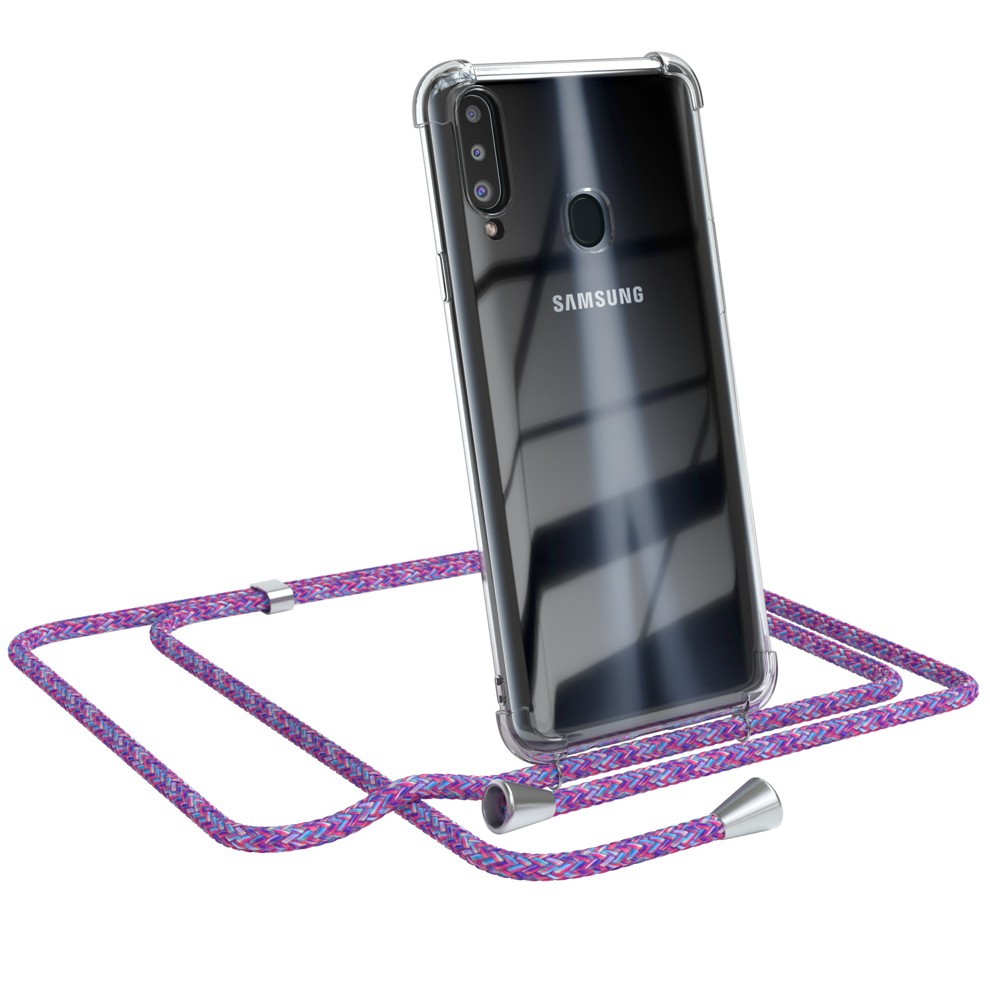 Transparente Handyhülle mit lila Band. Samsung-Logo sichtbar. Silberakzente. Weißer Hintergrund.
