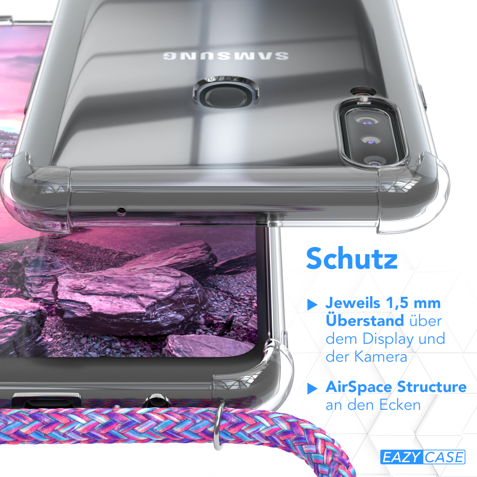 Transparente Handyhülle auf einem Telefon, ein rosa und blau geflochtenes Kabel.