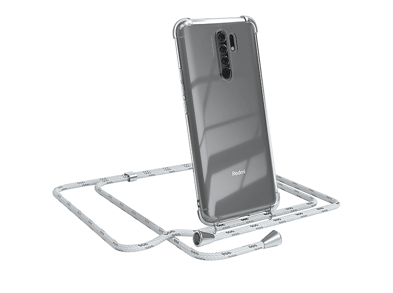 EAZY CASE Clear Cover mit Umhängeband, Umhängetasche, Xiaomi, Redmi 9 / Redmi 9 Prime, Weiß / Clips Silber