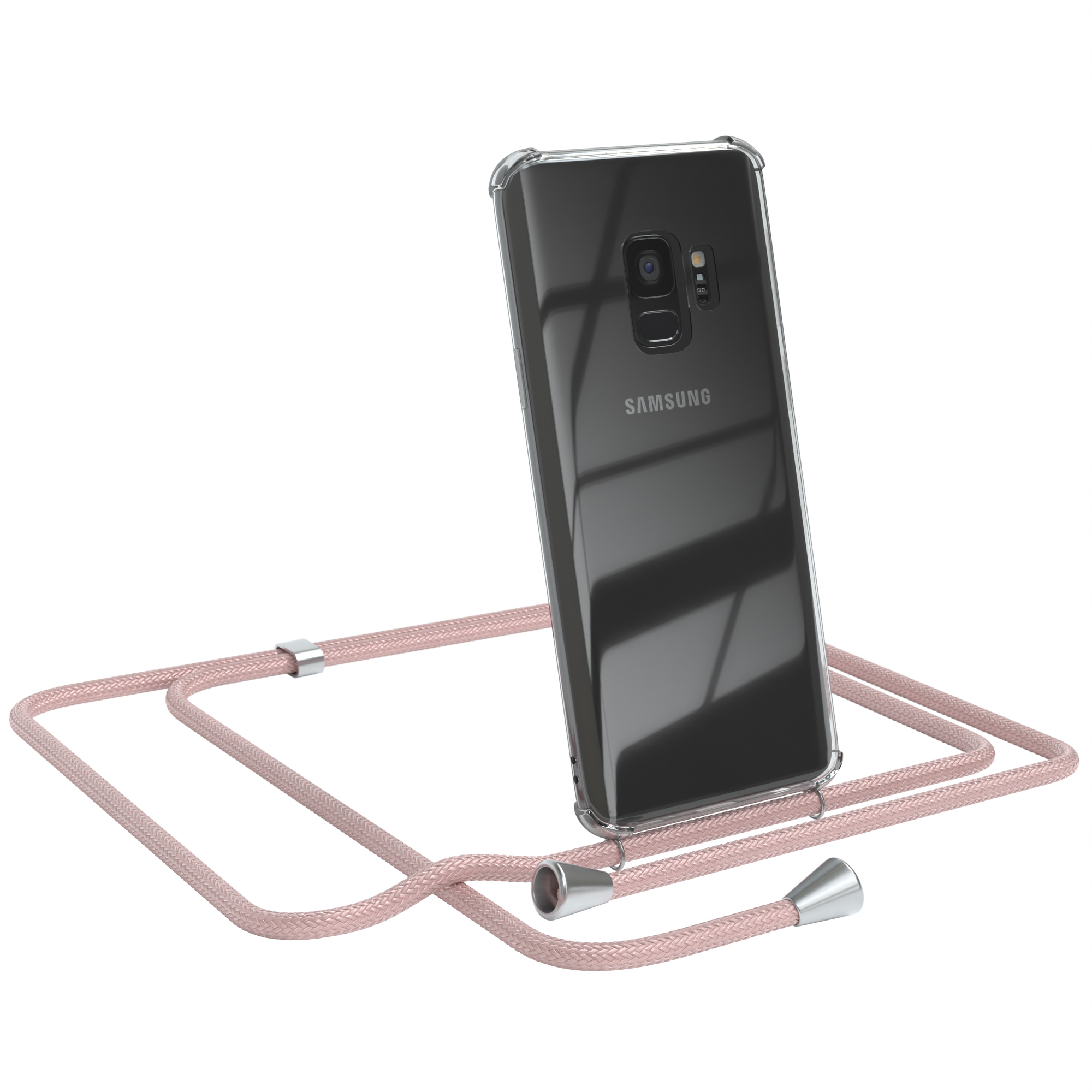 Transparente Handyhülle mit rosa Kordelband. Ein Handy ist im Case.