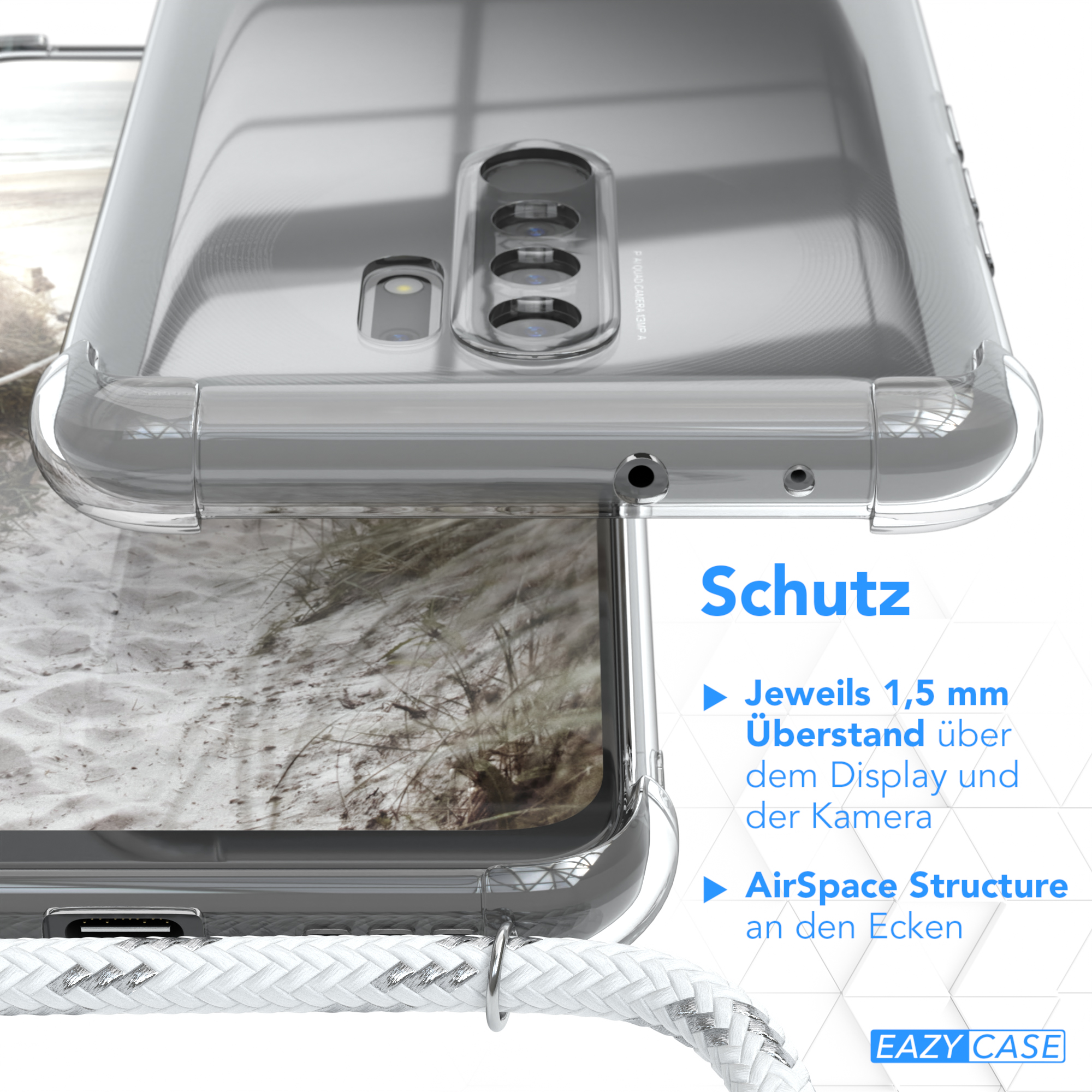 EAZY CASE Clear Cover / Redmi Umhängeband, / Weiß Redmi 9 Prime, 9 Silber Clips mit Xiaomi, Umhängetasche