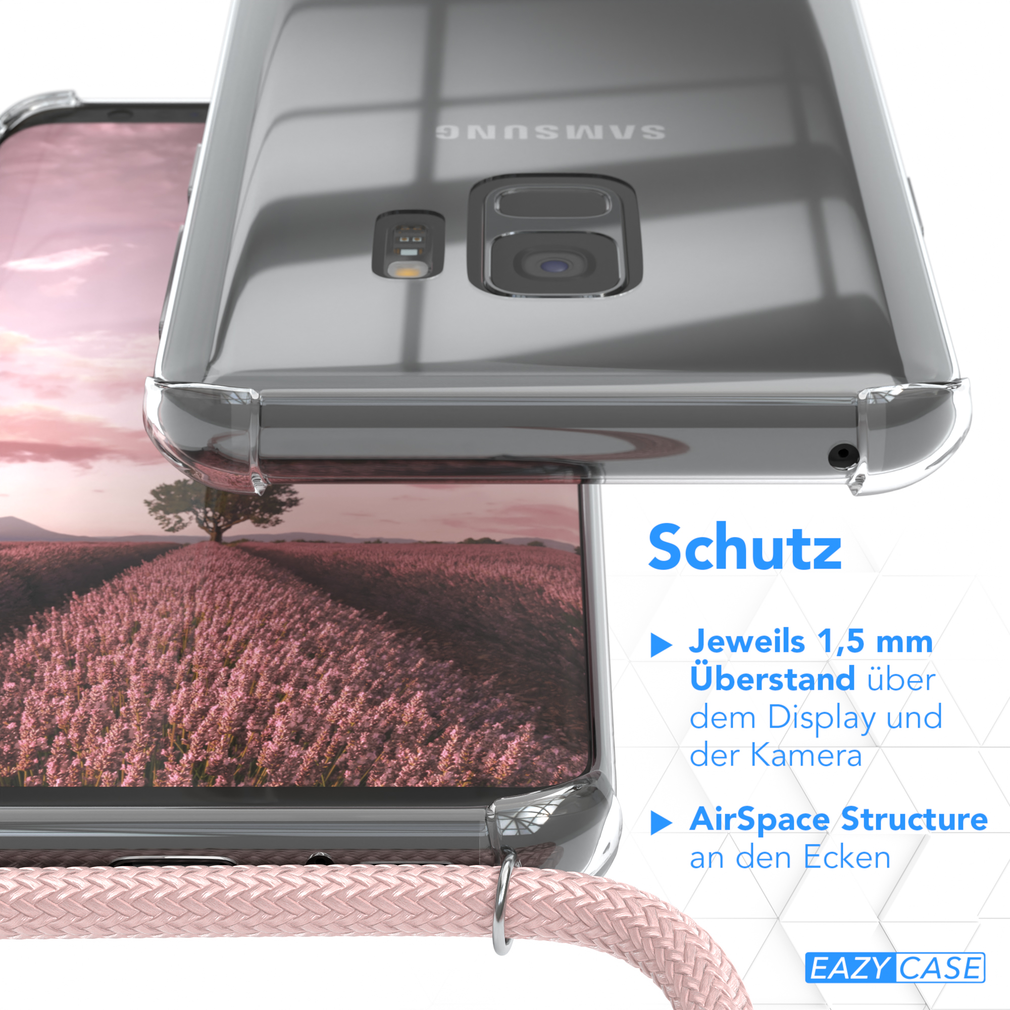 Klare Handyhülle auf einem Telefon. Text: Schutz, 1,5 mm über dem Display, AirSpace-Struktur.