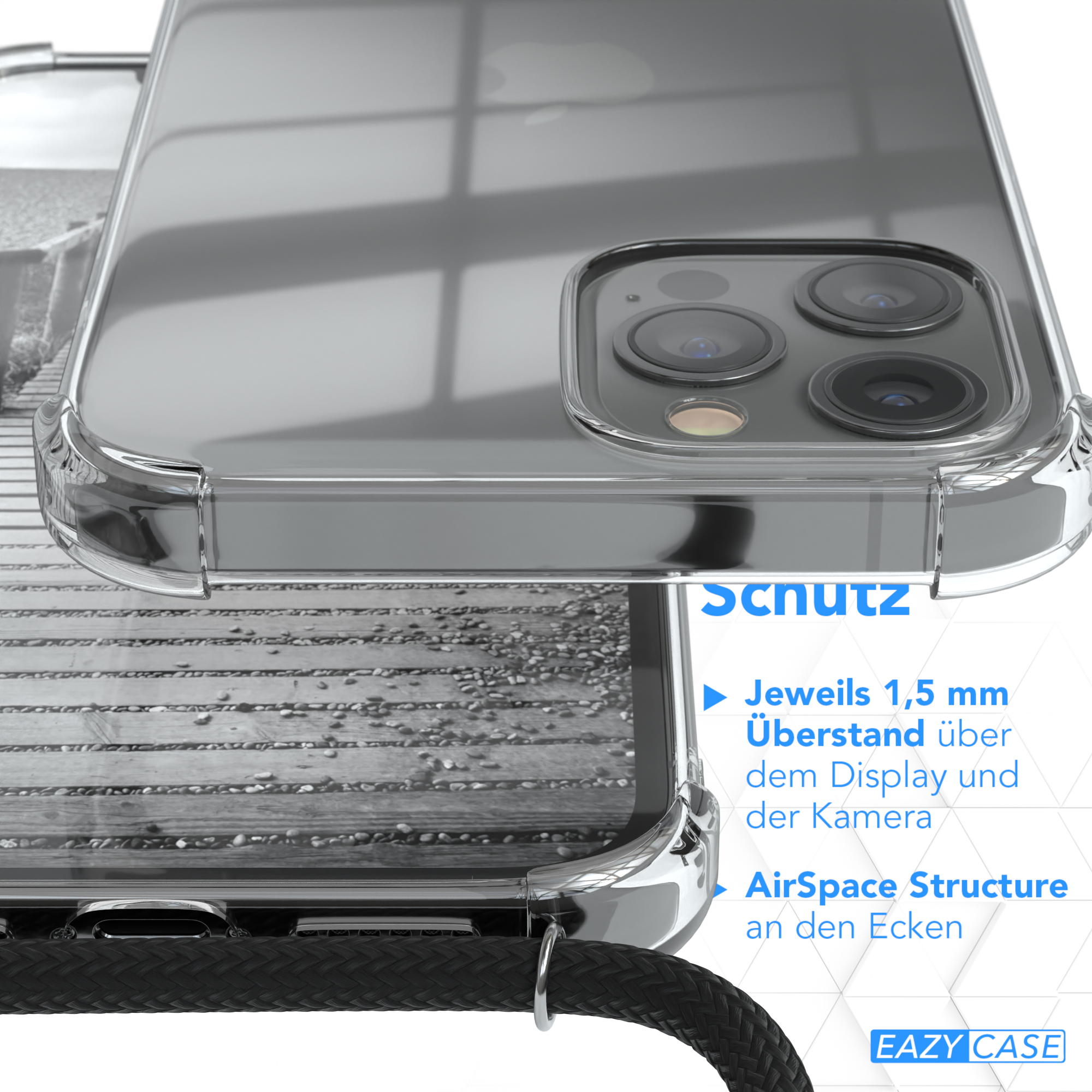 Klare Handyhülle auf Holz. Text: Schutz. Merkmale: AirSpace Structure, 1,5 mm Display- und Kameraüberstand.