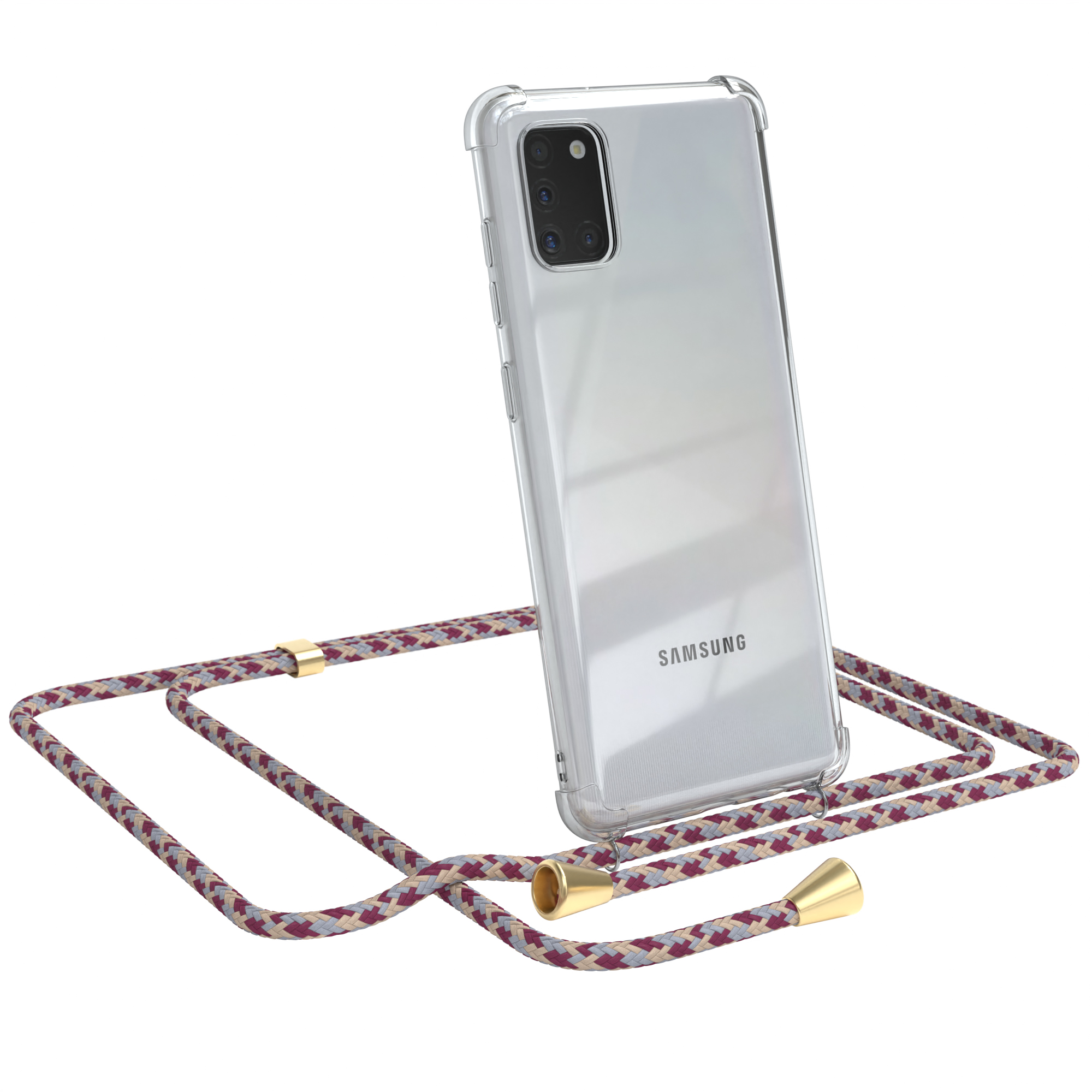 Transparente Handyhülle mit bordeaux-beigem Seil und goldenen Akzenten. Samsung Telefon.
